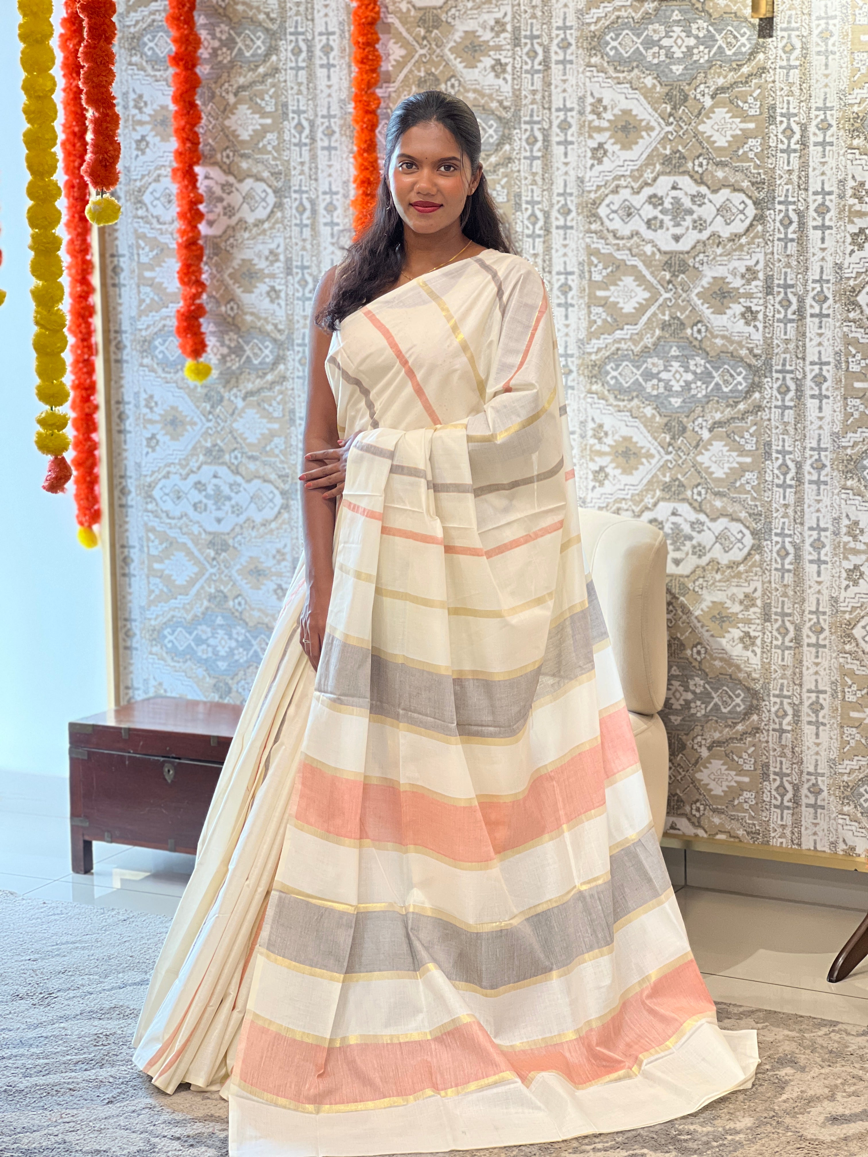 Vertical Line Pattern Kerala Cotton Saree | RLF117
