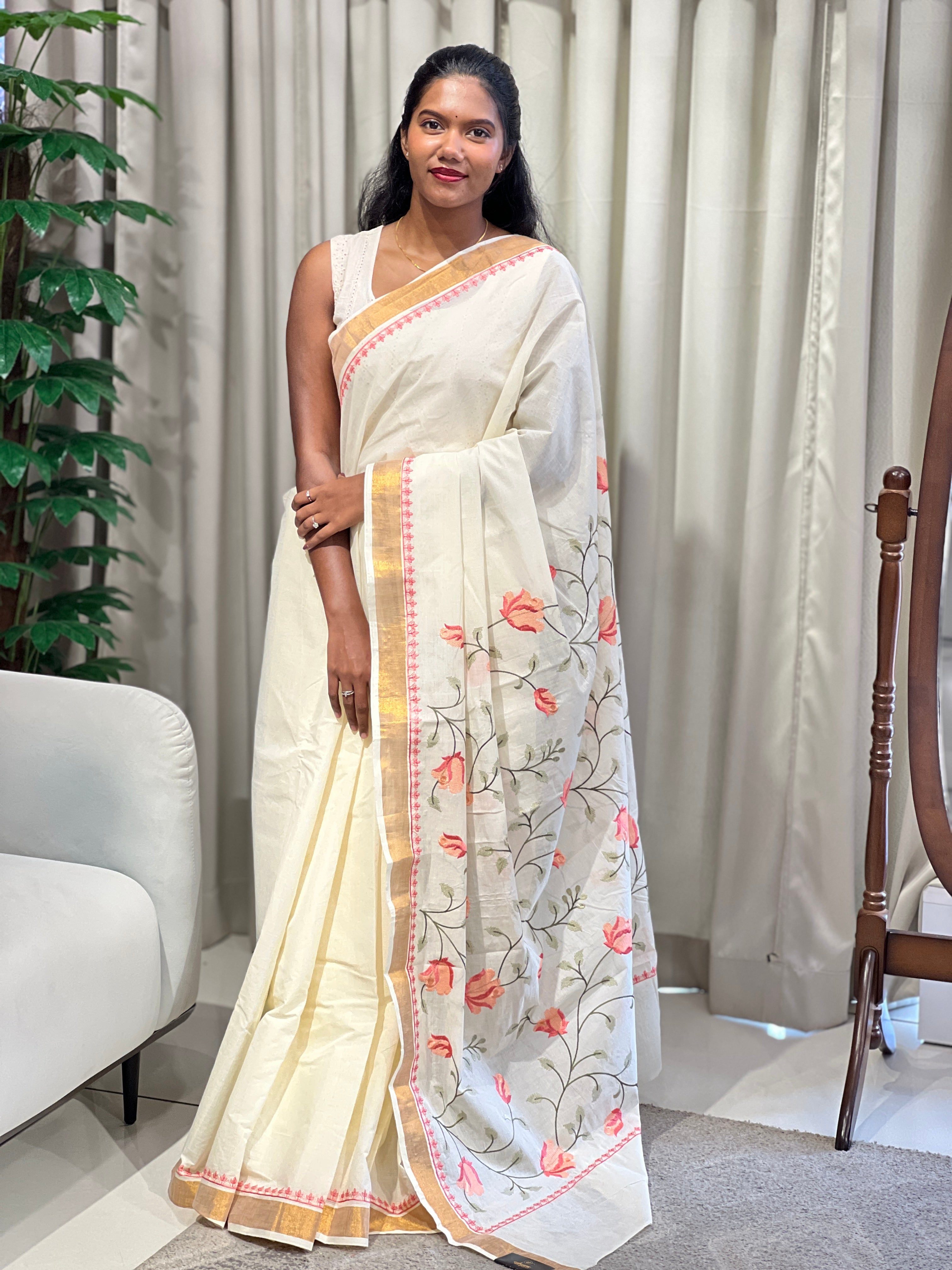 Floral Cross Stitch Embroidered Cotton Saree | JSC279