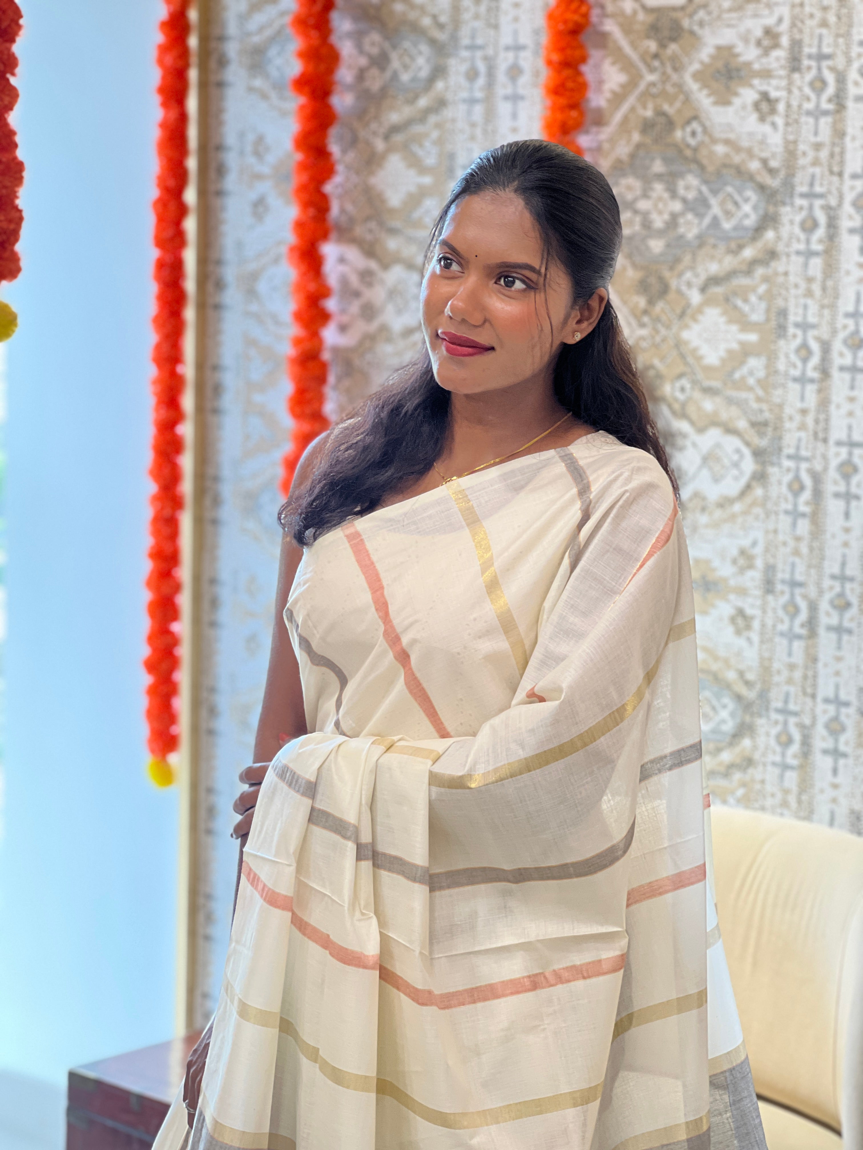 Vertical Line Pattern Kerala Cotton Saree | RLF117