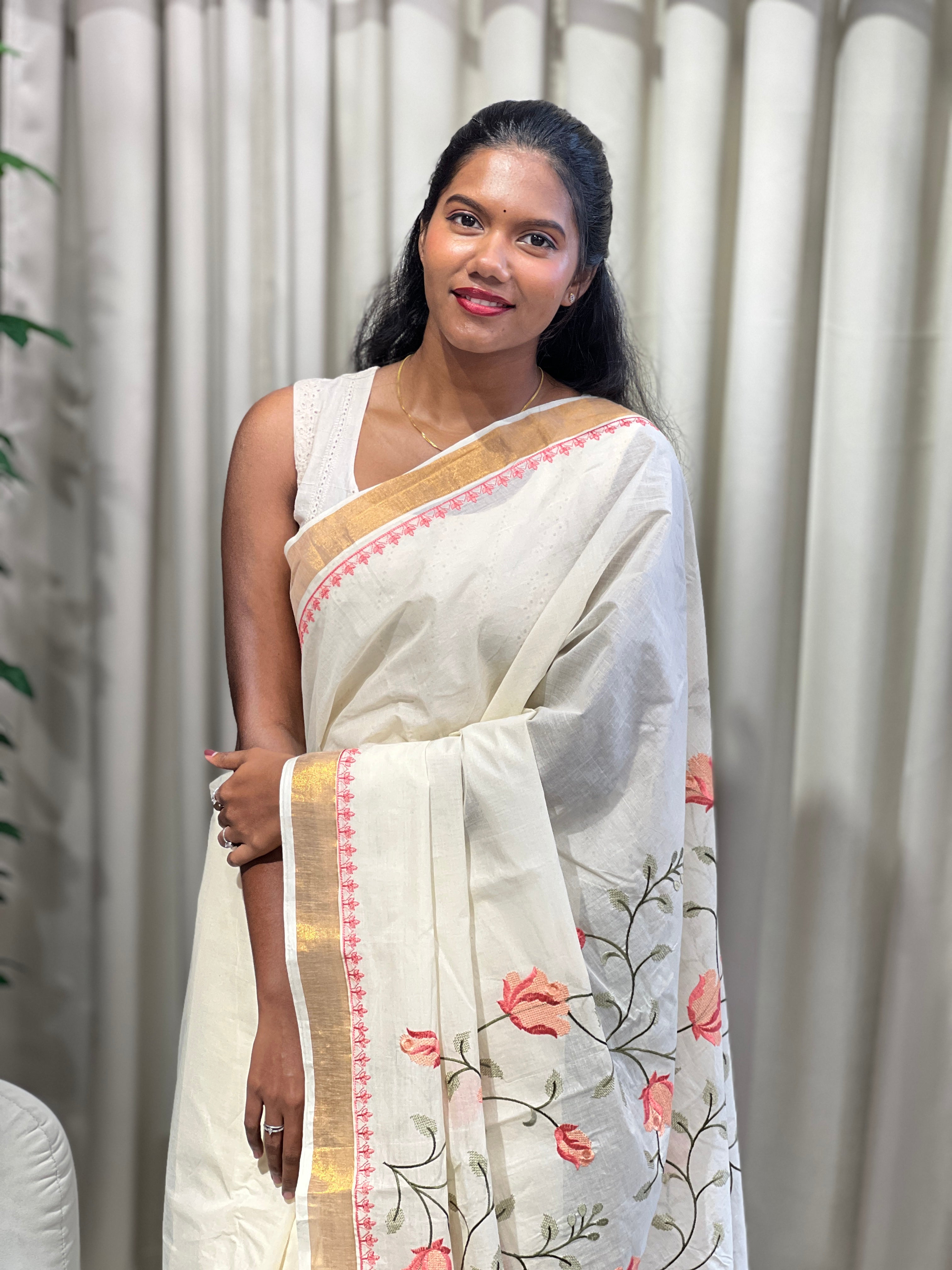 Floral Cross Stitch Embroidered Cotton Saree | JSC279