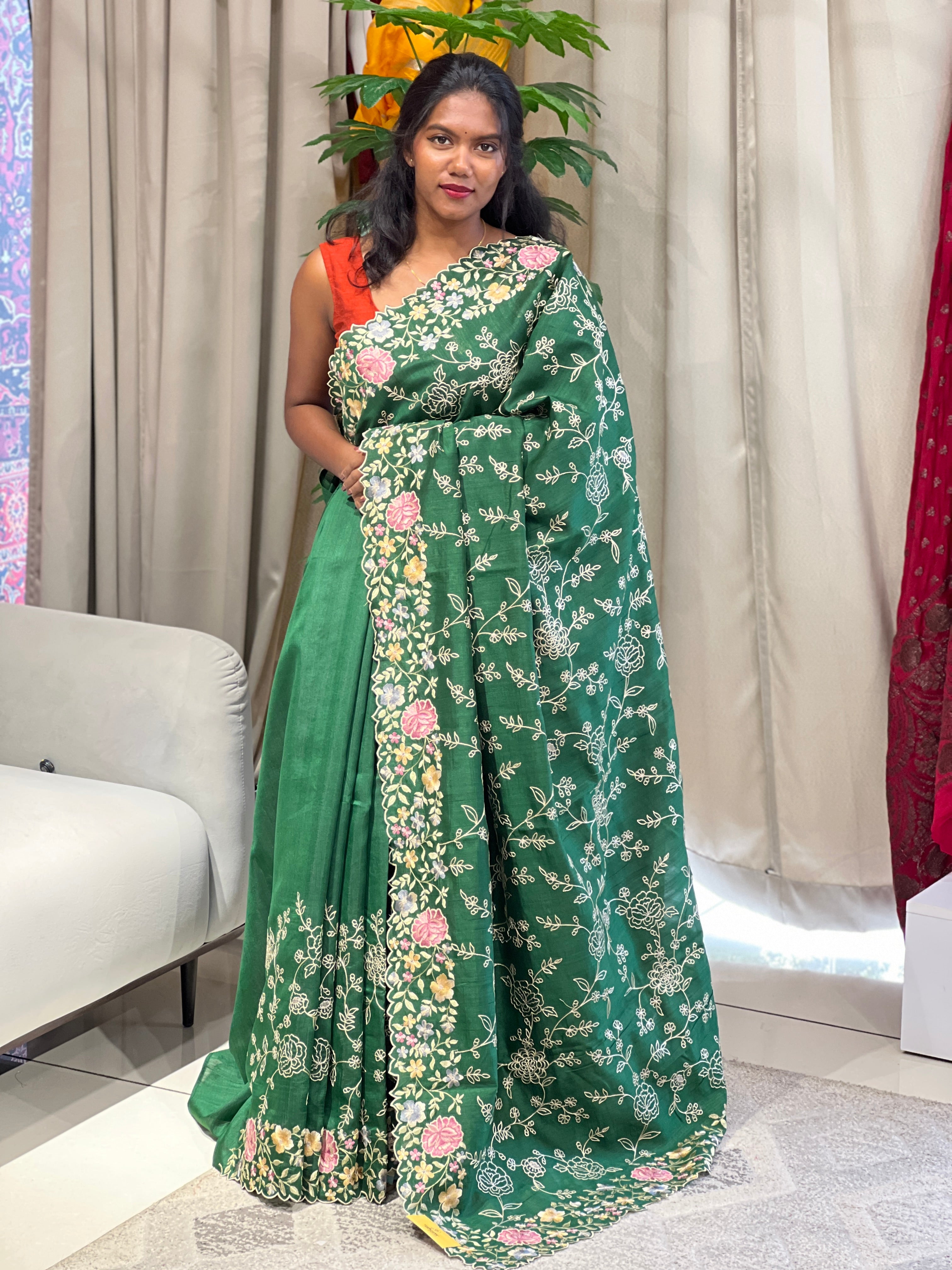 Floral Machine Embroidery Detailed Semi Tussar Saree | DVS266