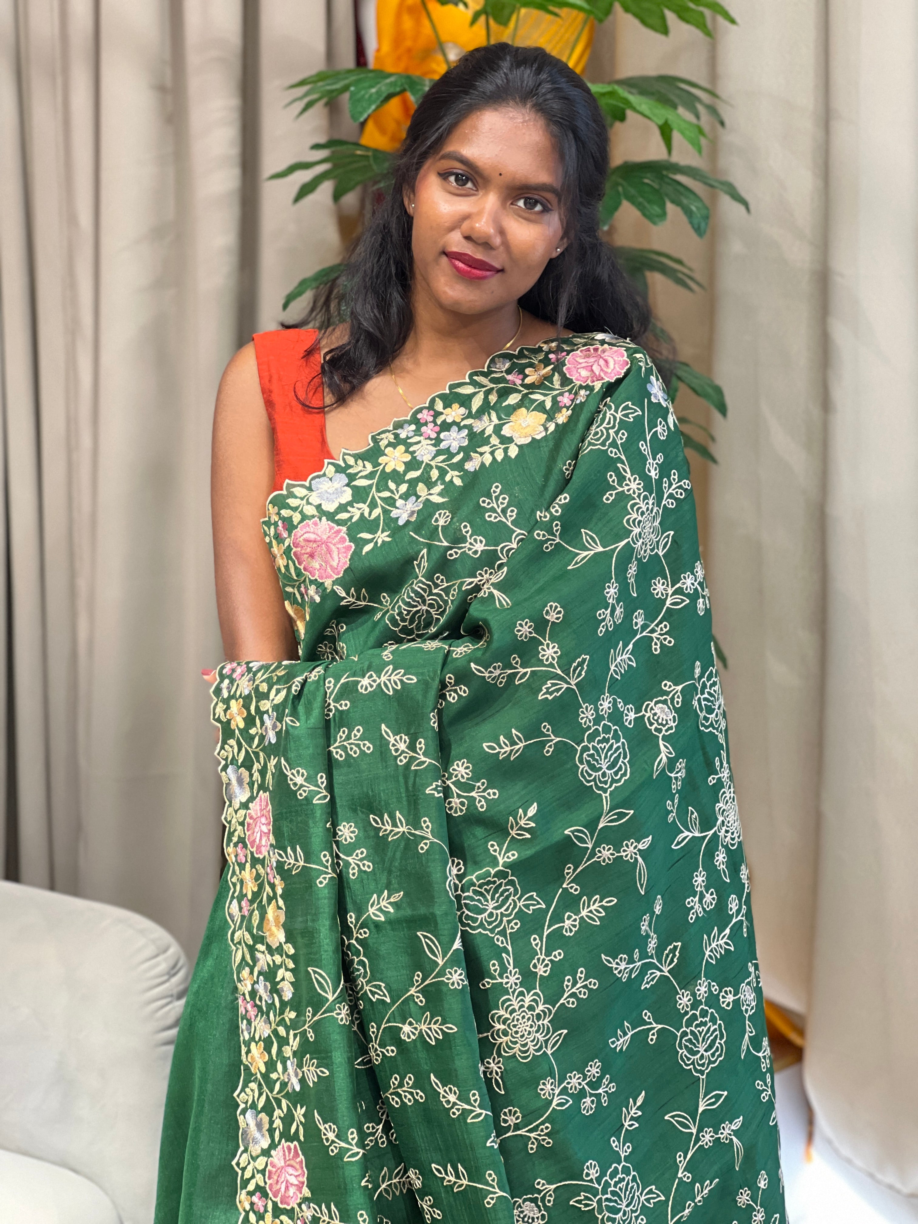 Floral Machine Embroidery Detailed Semi Tussar Saree | DVS266