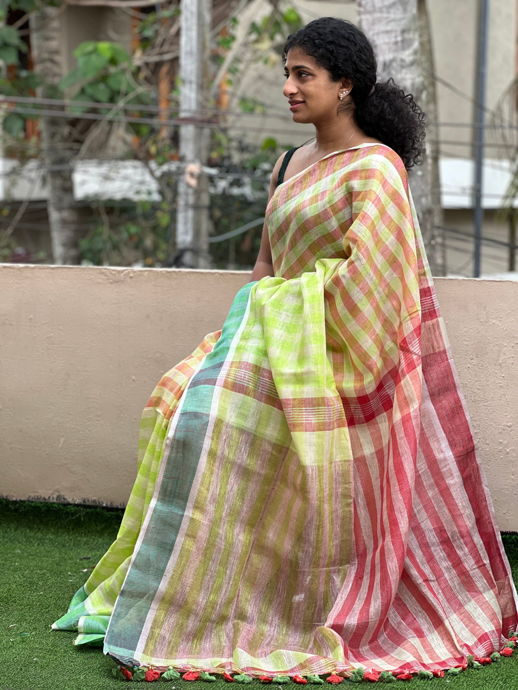 Multi Coloured  Linen Weave Cotton Saree | AHD1614