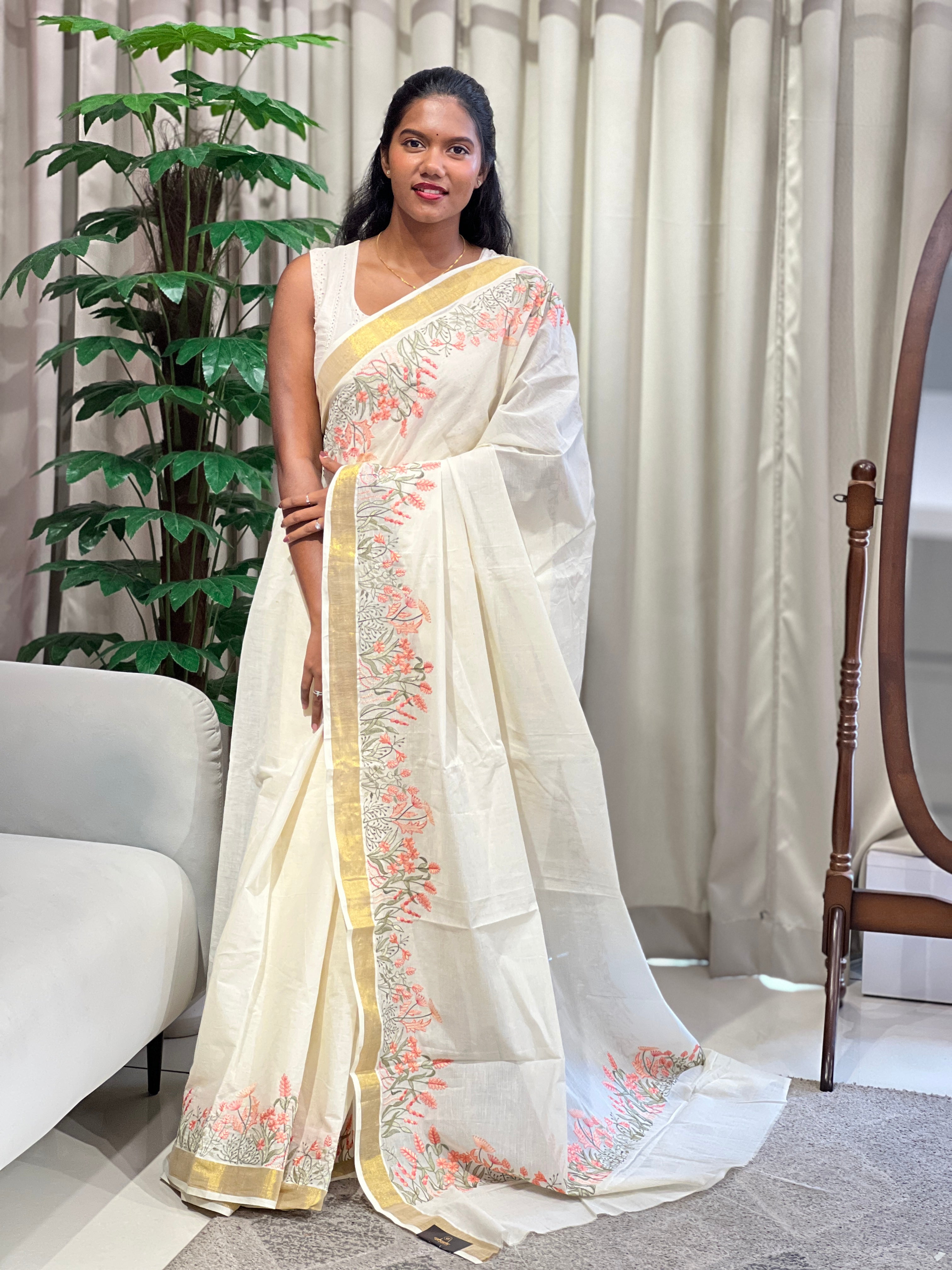 Floral Machine Embroidered Cotton Saree | JSC319