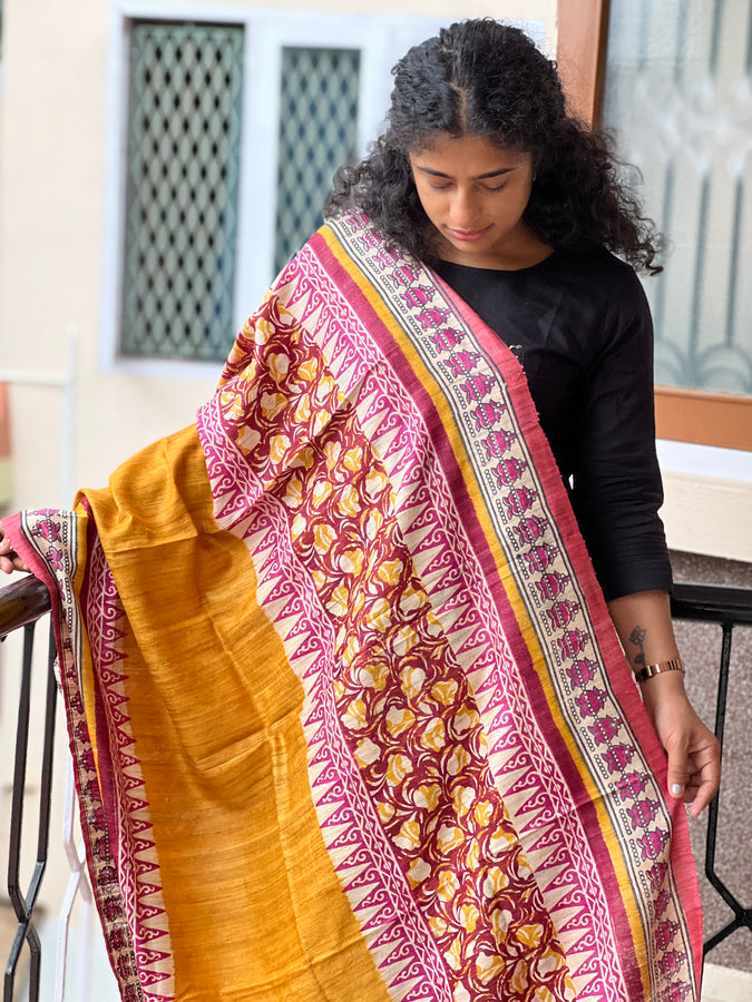 Block Printed Geecha Tussur Dupatta | AHD1389