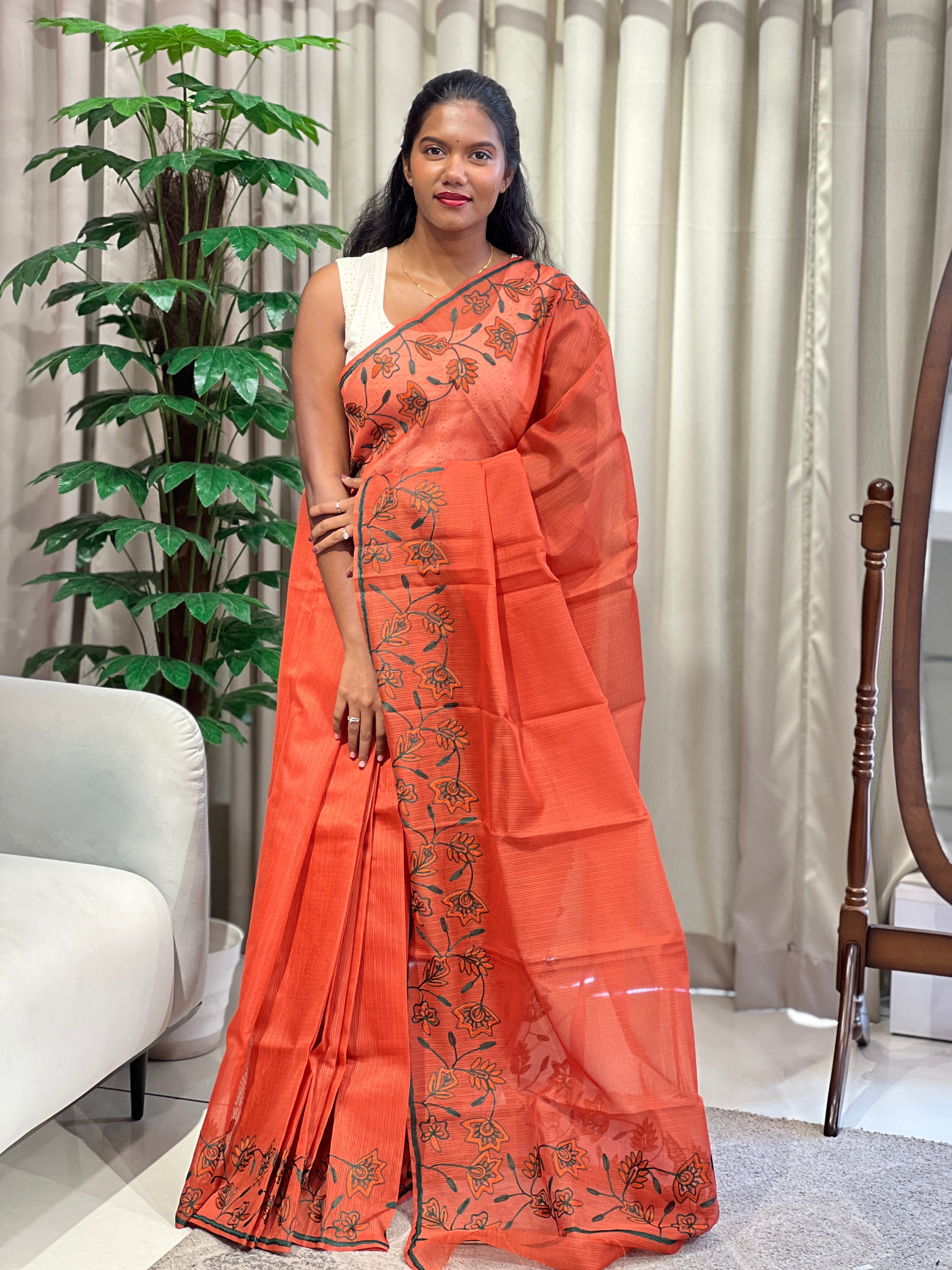 Chain Stitch Embroidery Detailed Kota Saree | JSC168