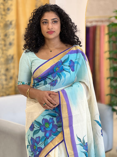 Floral Painted Cotton Saree | AS527