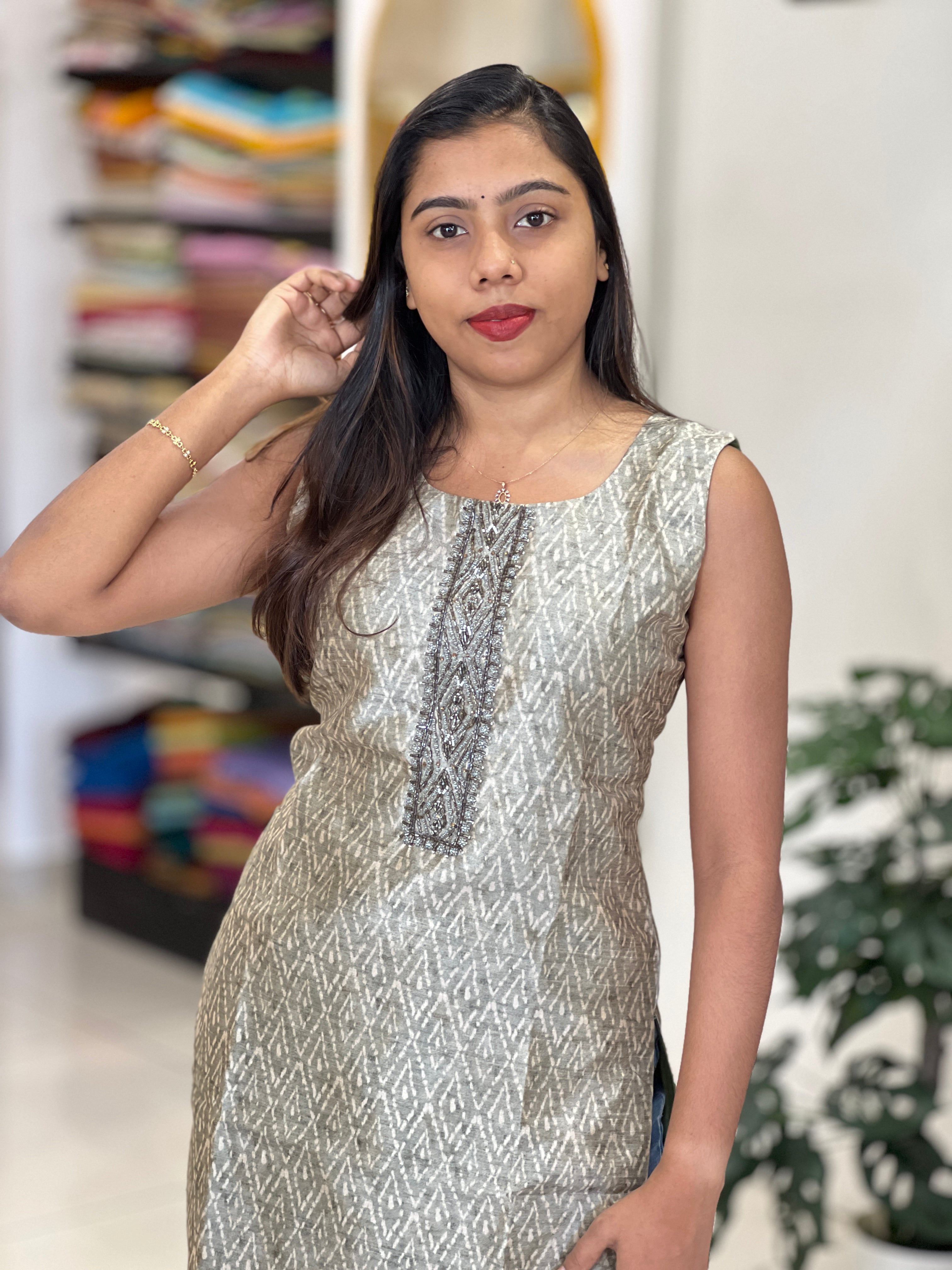 Digital Print With Embroidery Detailed Semi Tussar Kurta | NAI186