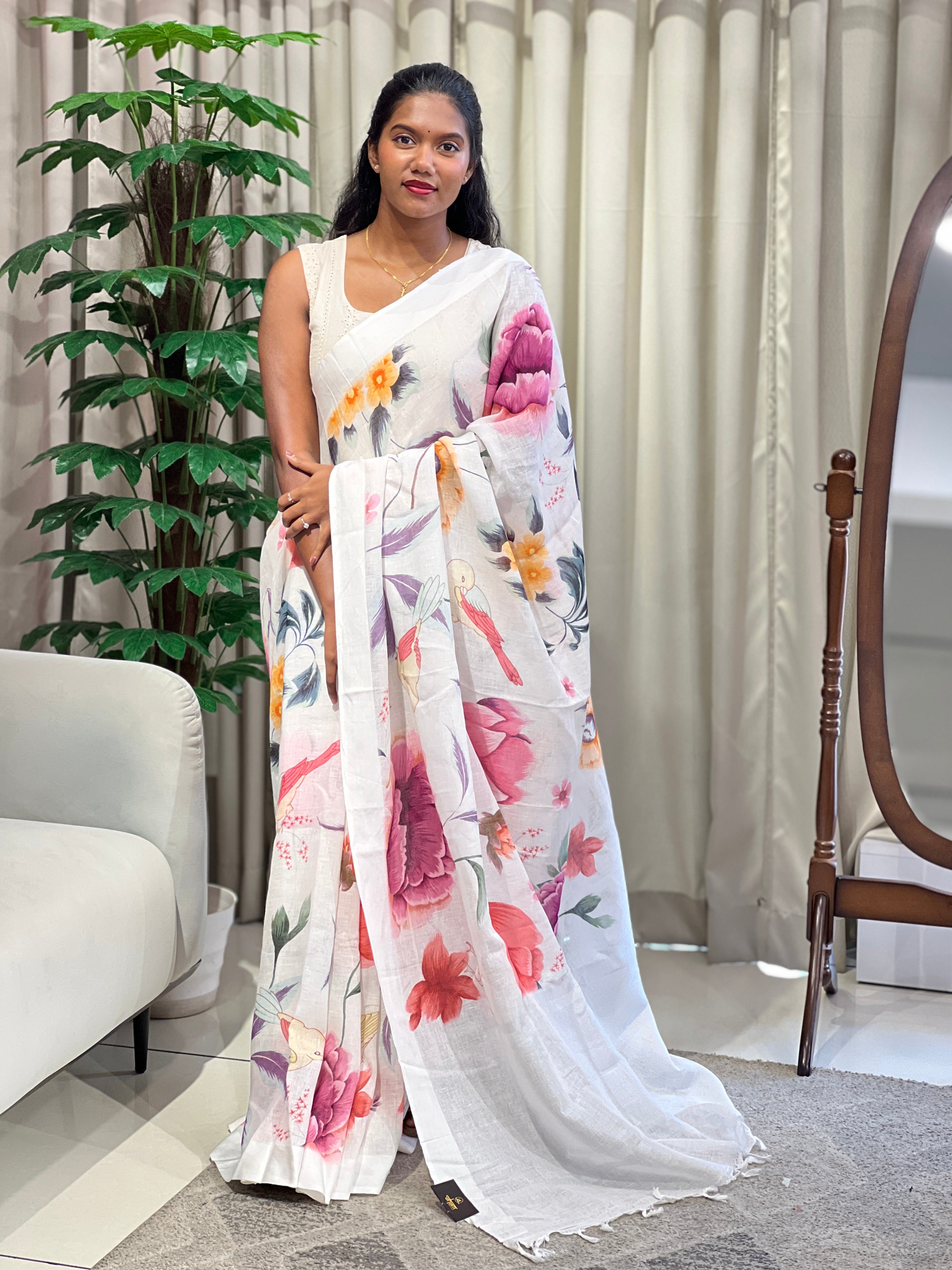 Floral Digital Printed Linen Saree | MR396