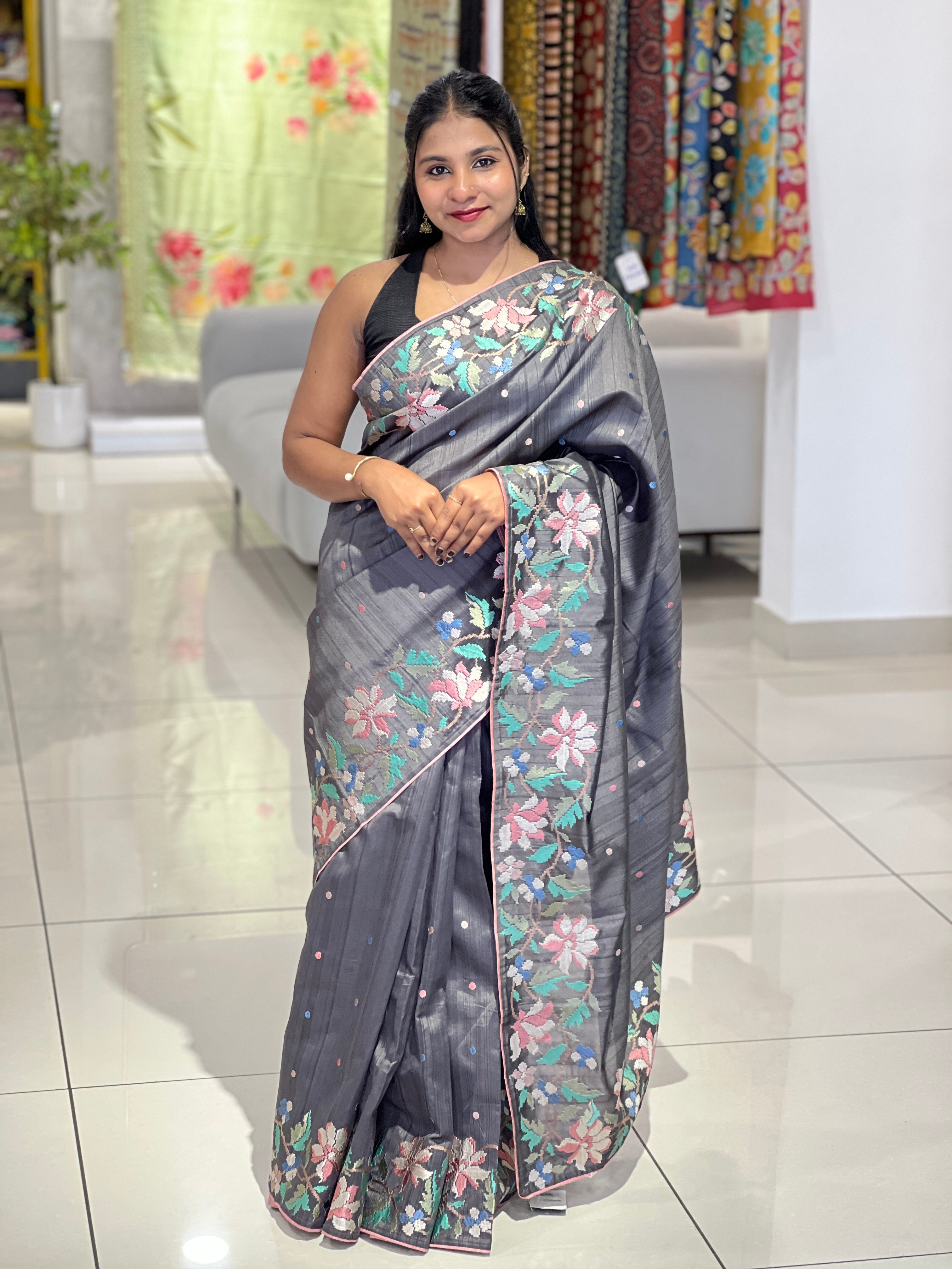 Machine Embroidery Detailed Semi Tussar Saree | SBS807