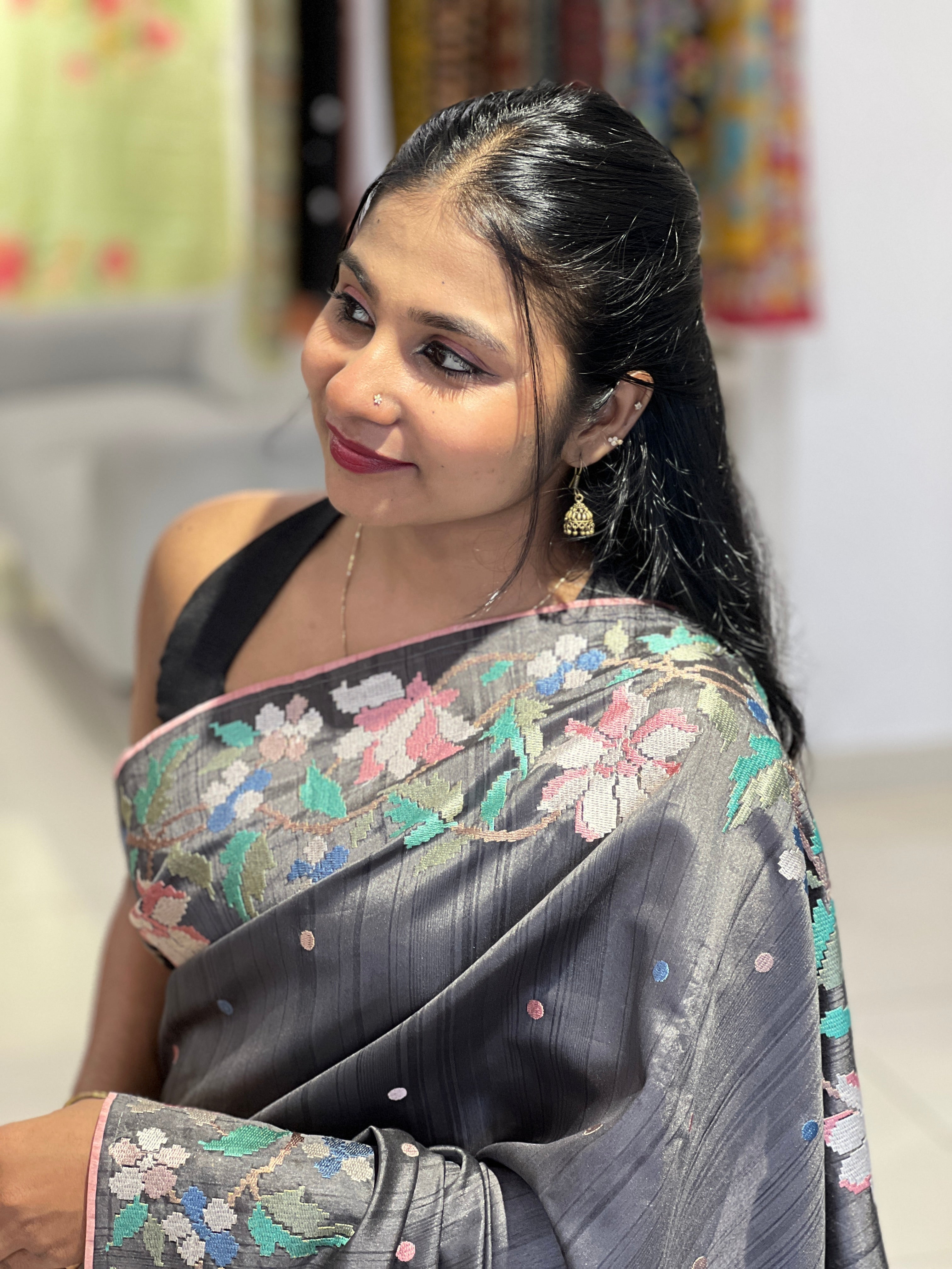 Machine Embroidery Detailed Semi Tussar Saree | SBS807