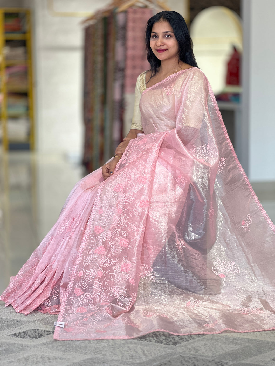 Floral Embroidered Crushed Tissue Organza Saree | BLD693