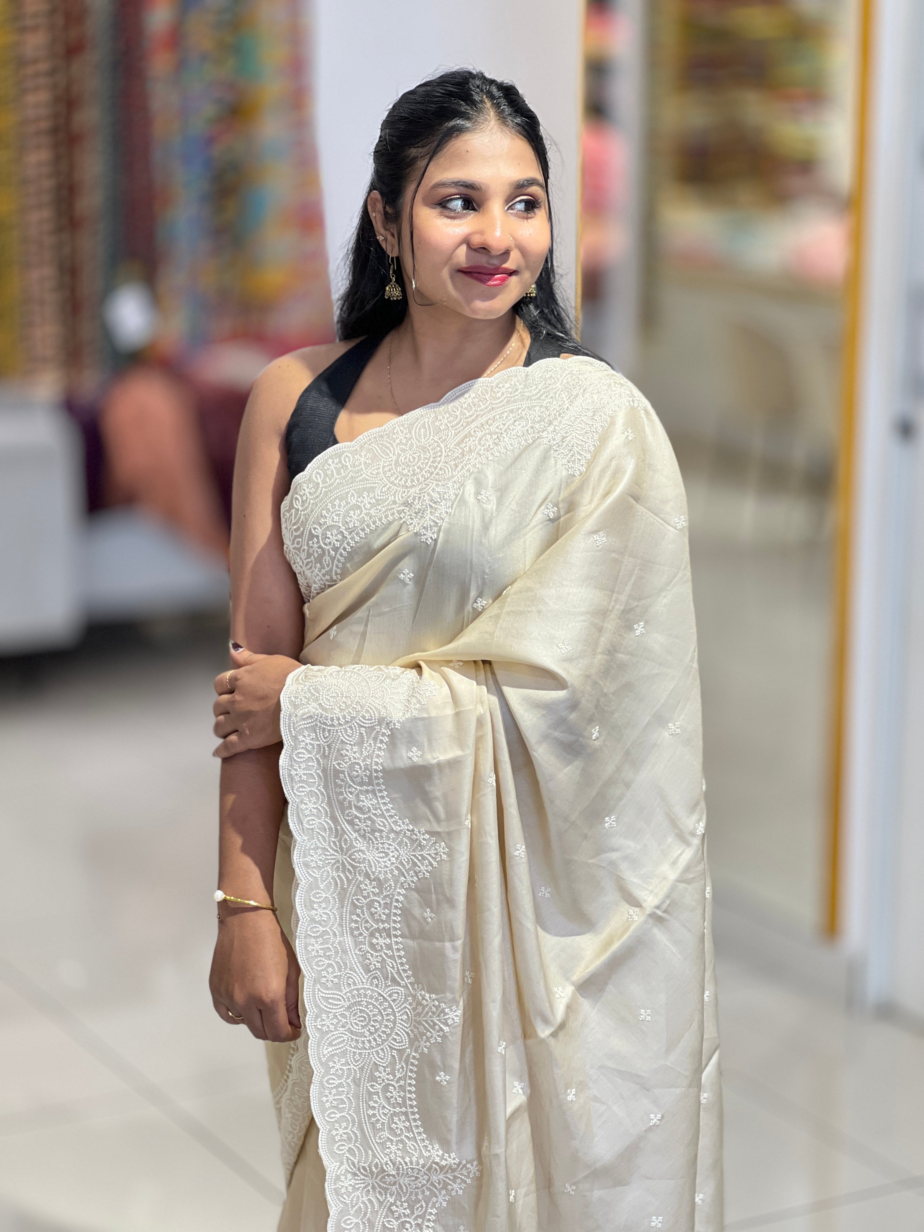 Point Embroidery Detailed Semi Tussar Saree | SUN556