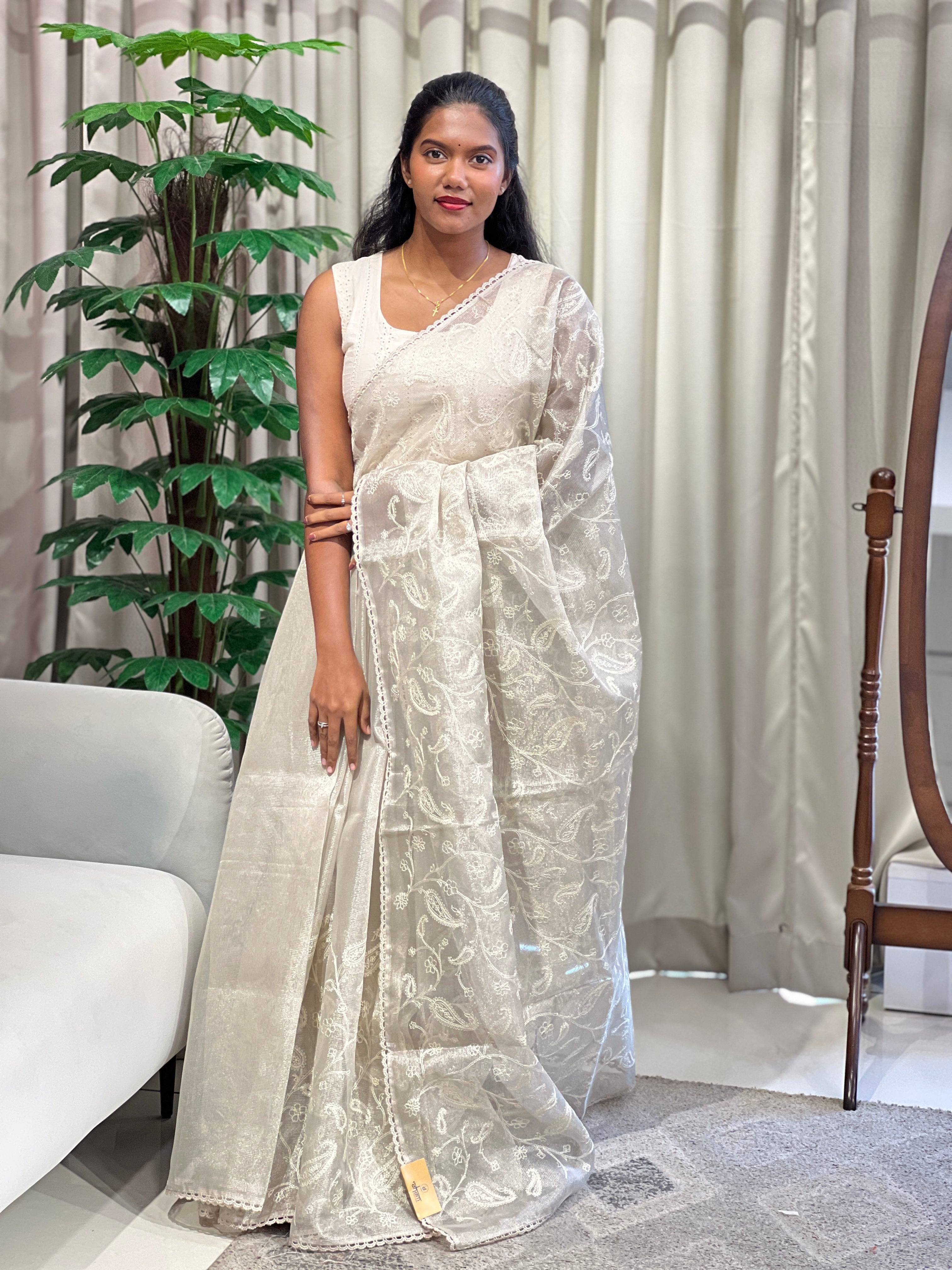 Paisley Embroidery Detailed Tissue Organza Saree | PKS163