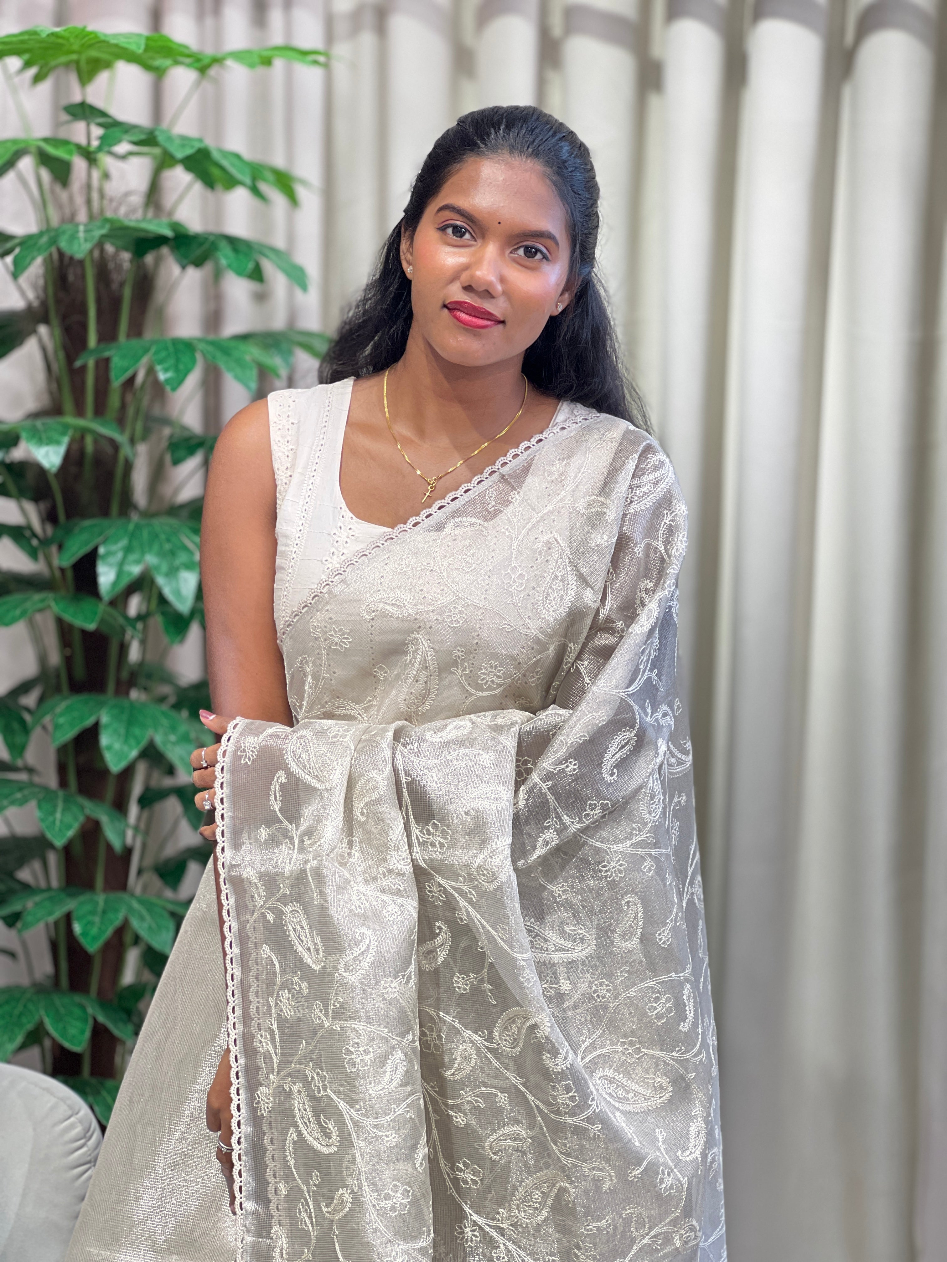 Paisley Embroidery Detailed Tissue Organza Saree | PKS163