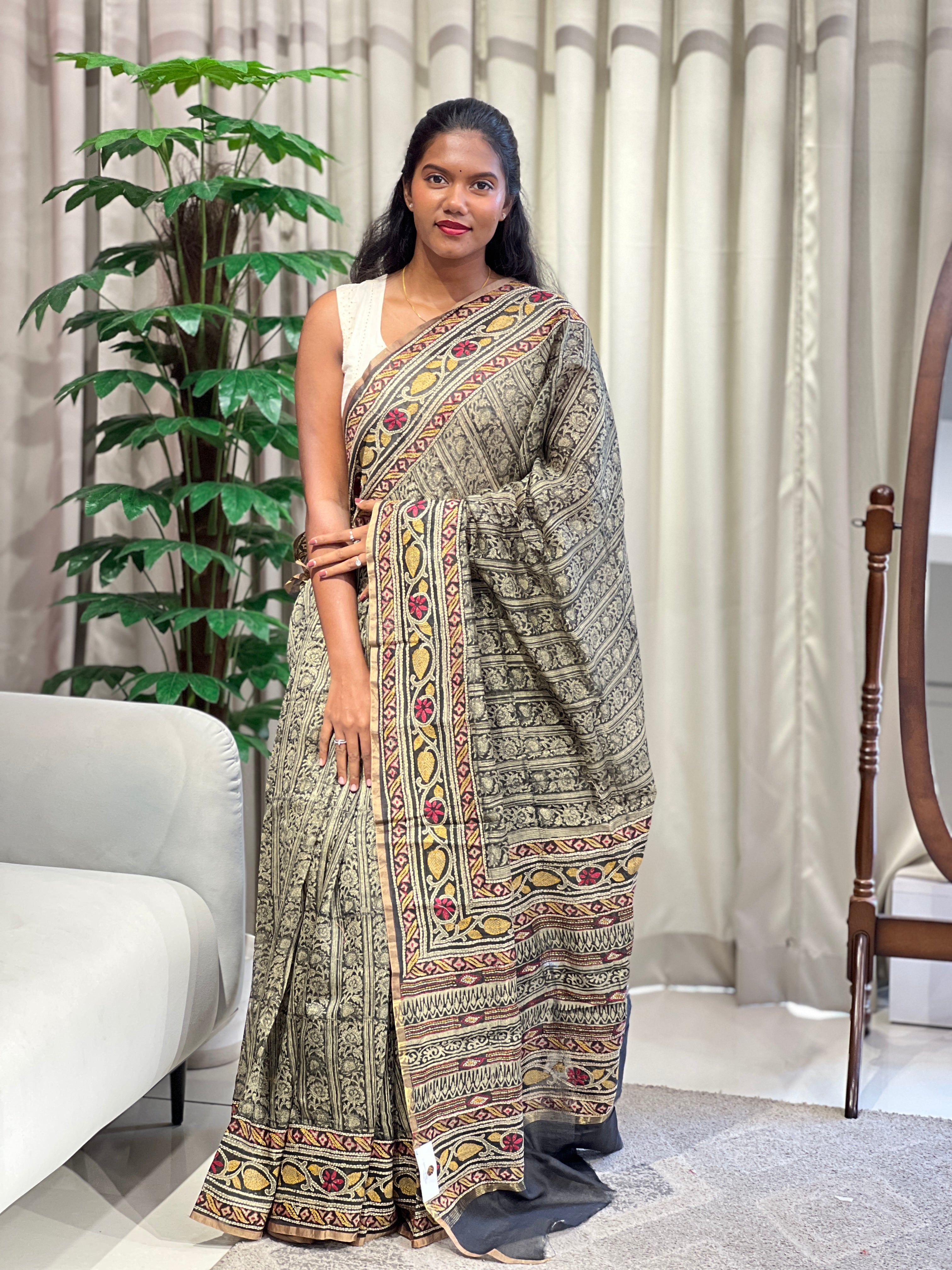 Kantha Embroidery Border Detailed Chanderi Saree | RGD802