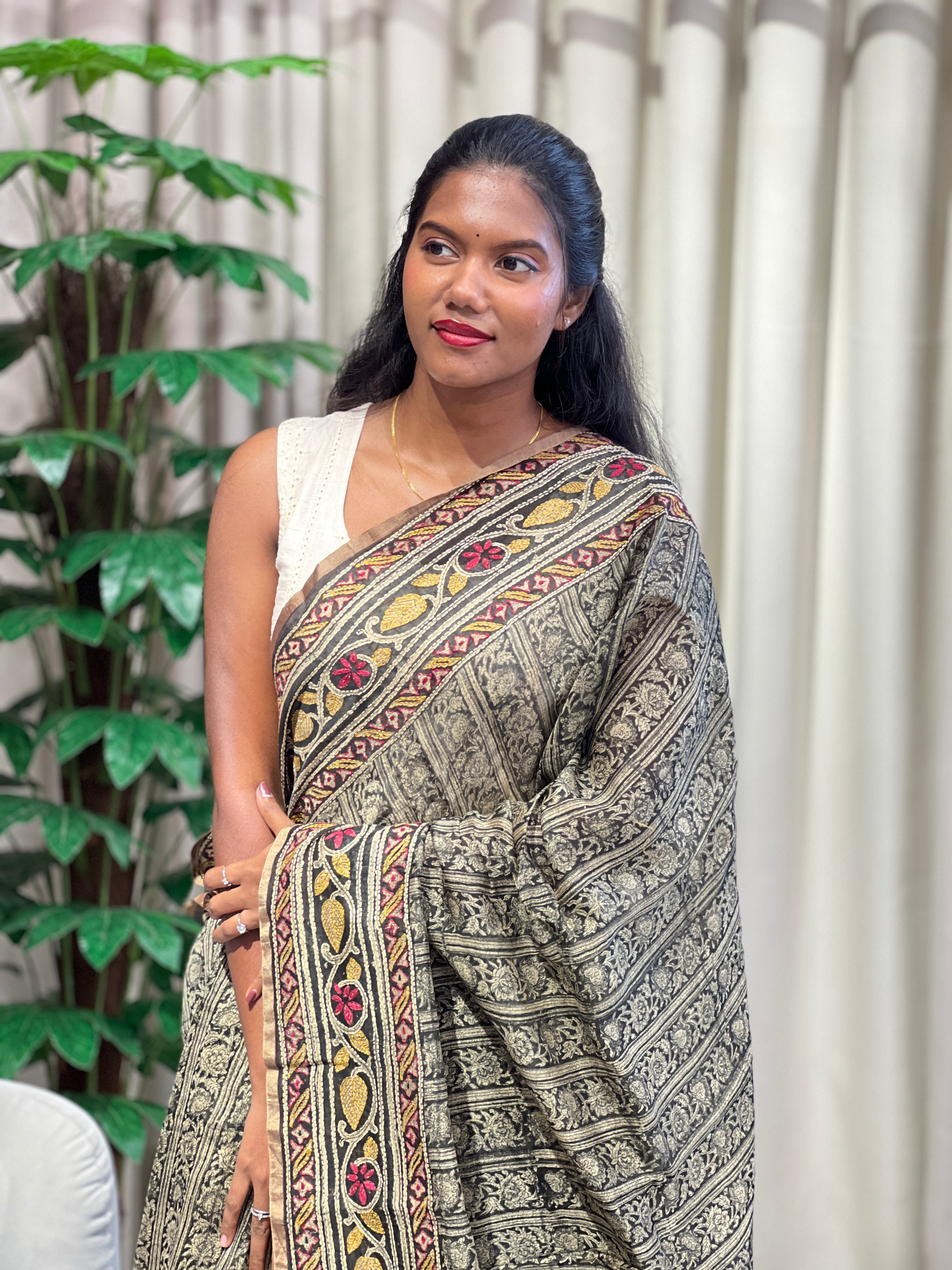 Kantha Embroidery Border Detailed Chanderi Saree | RGD802