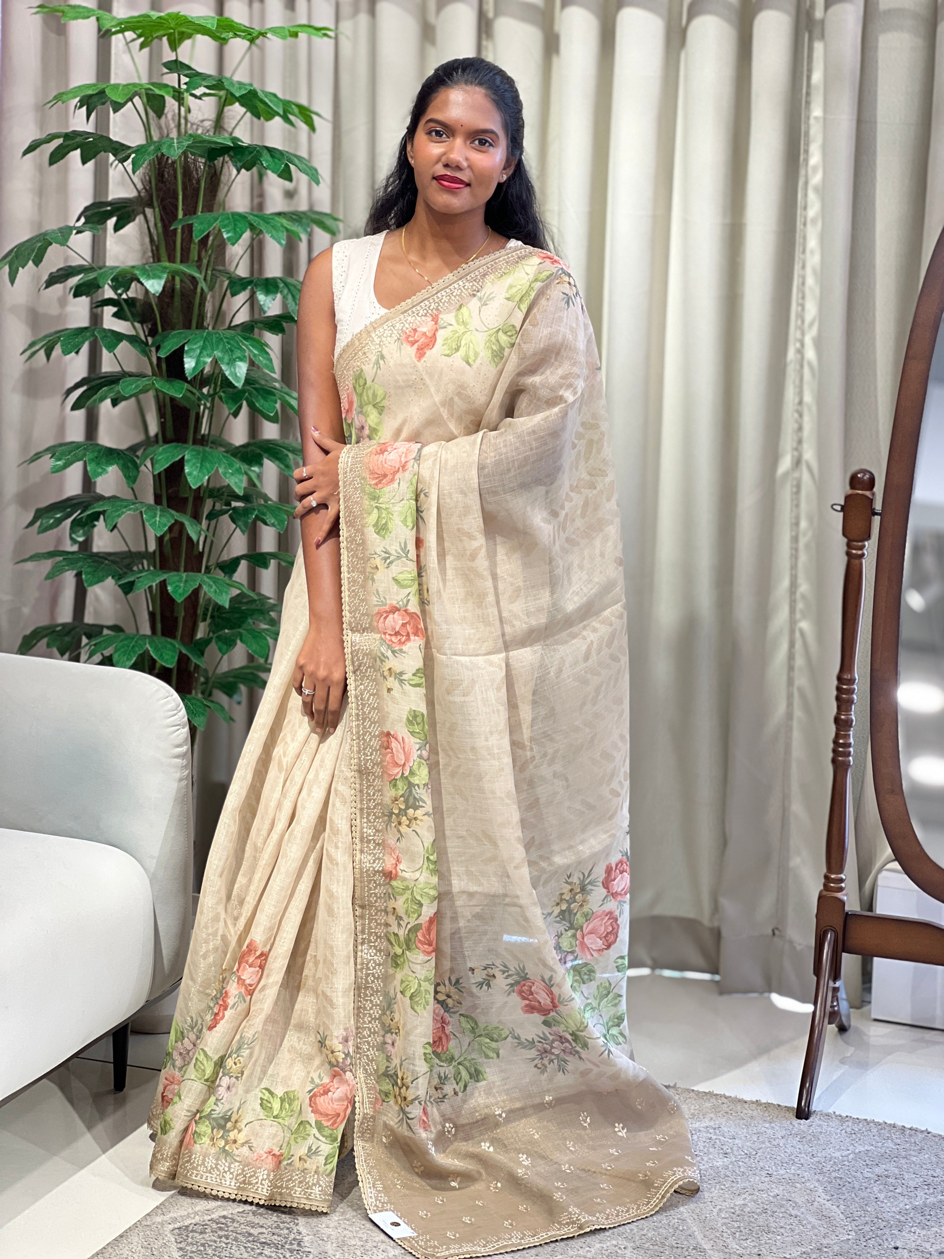 Floral Print With Pitta Work Detailed Tissue Linen Saree | BLD2012