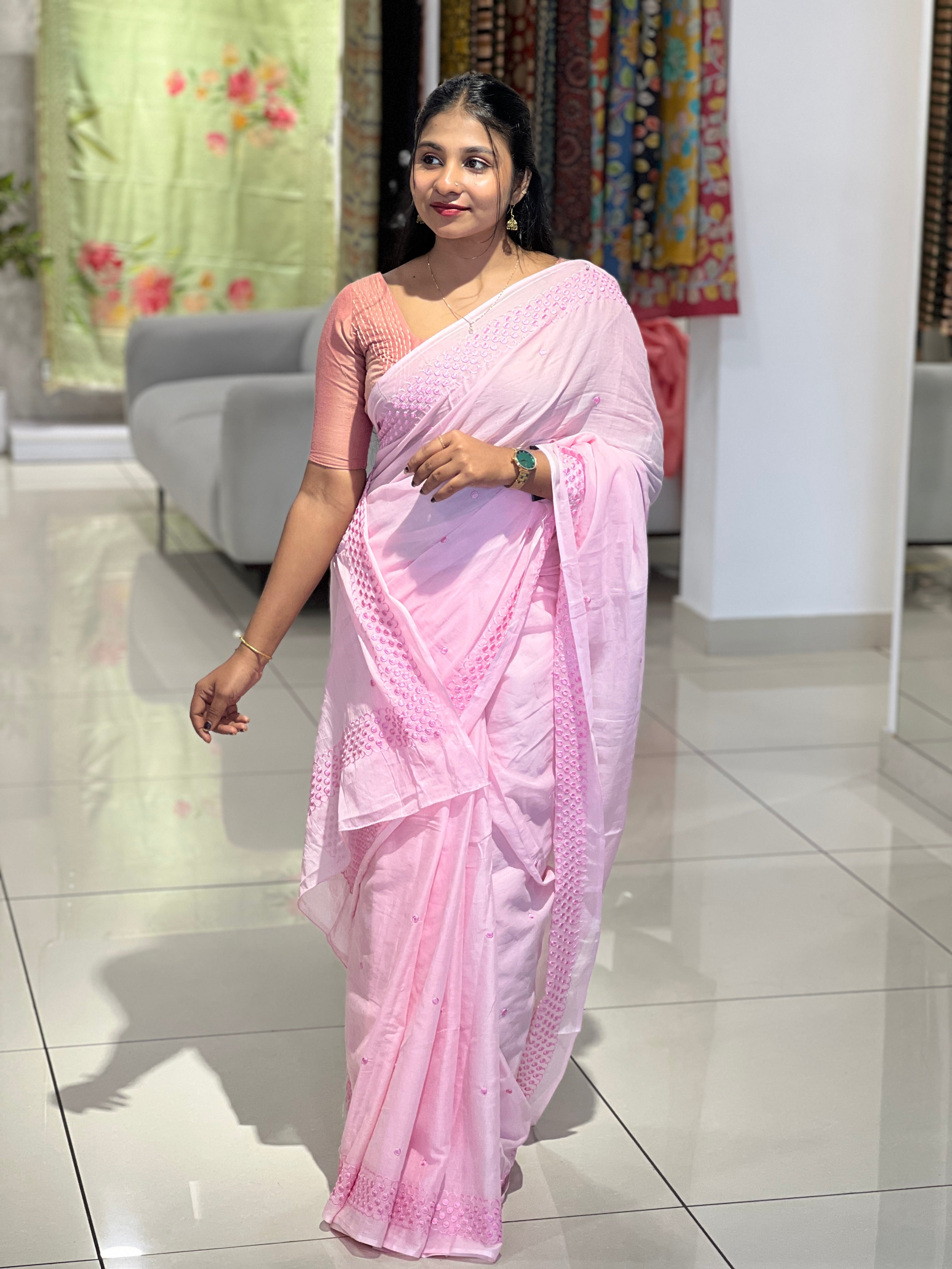 Embroidery Detailed Mulmul Cotton Saree | VDA286