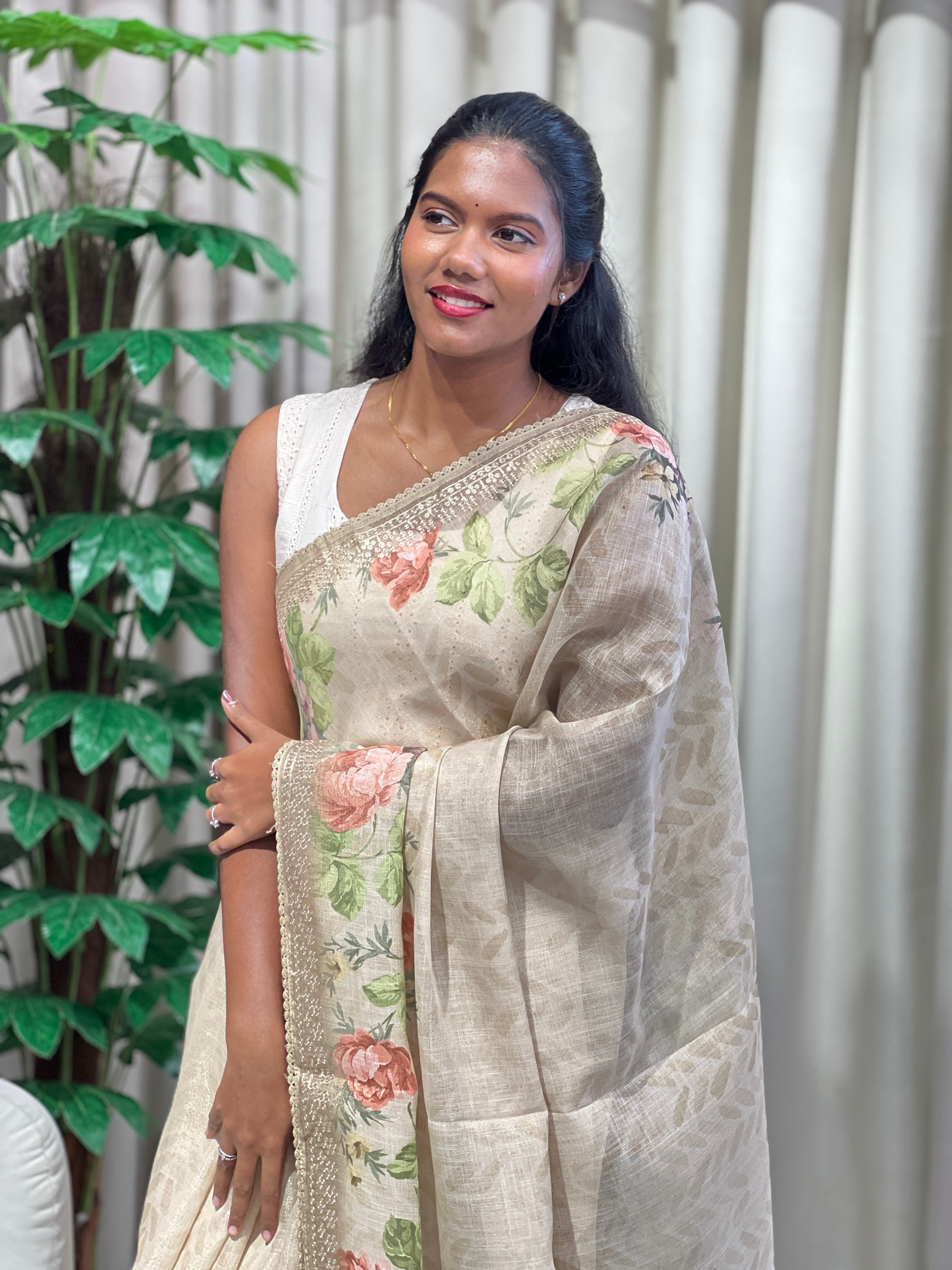 Floral Print With Pitta Work Detailed Tissue Linen Saree | BLD2012