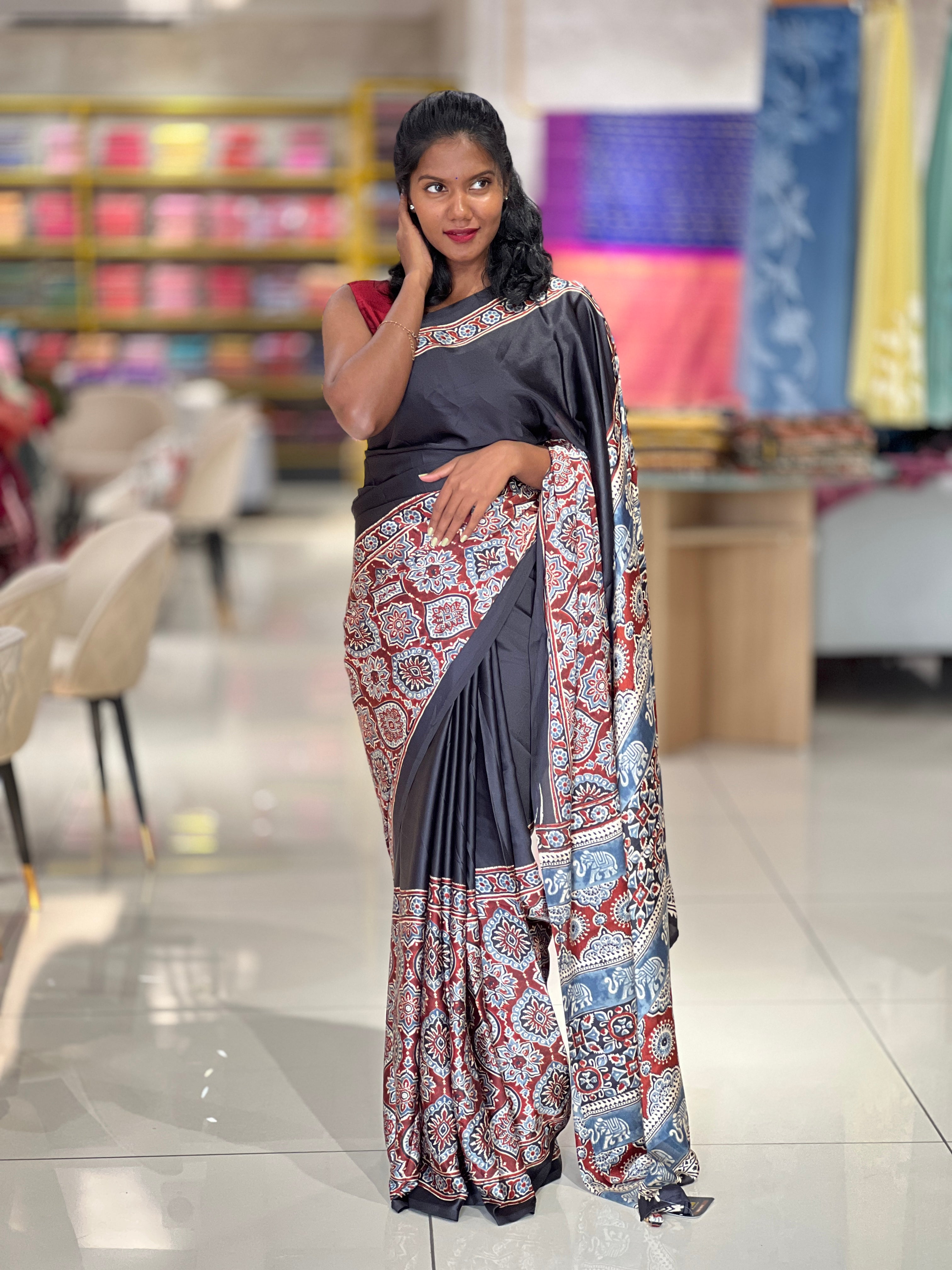 Ajrak Printed Semi Modal Saree | AYD114