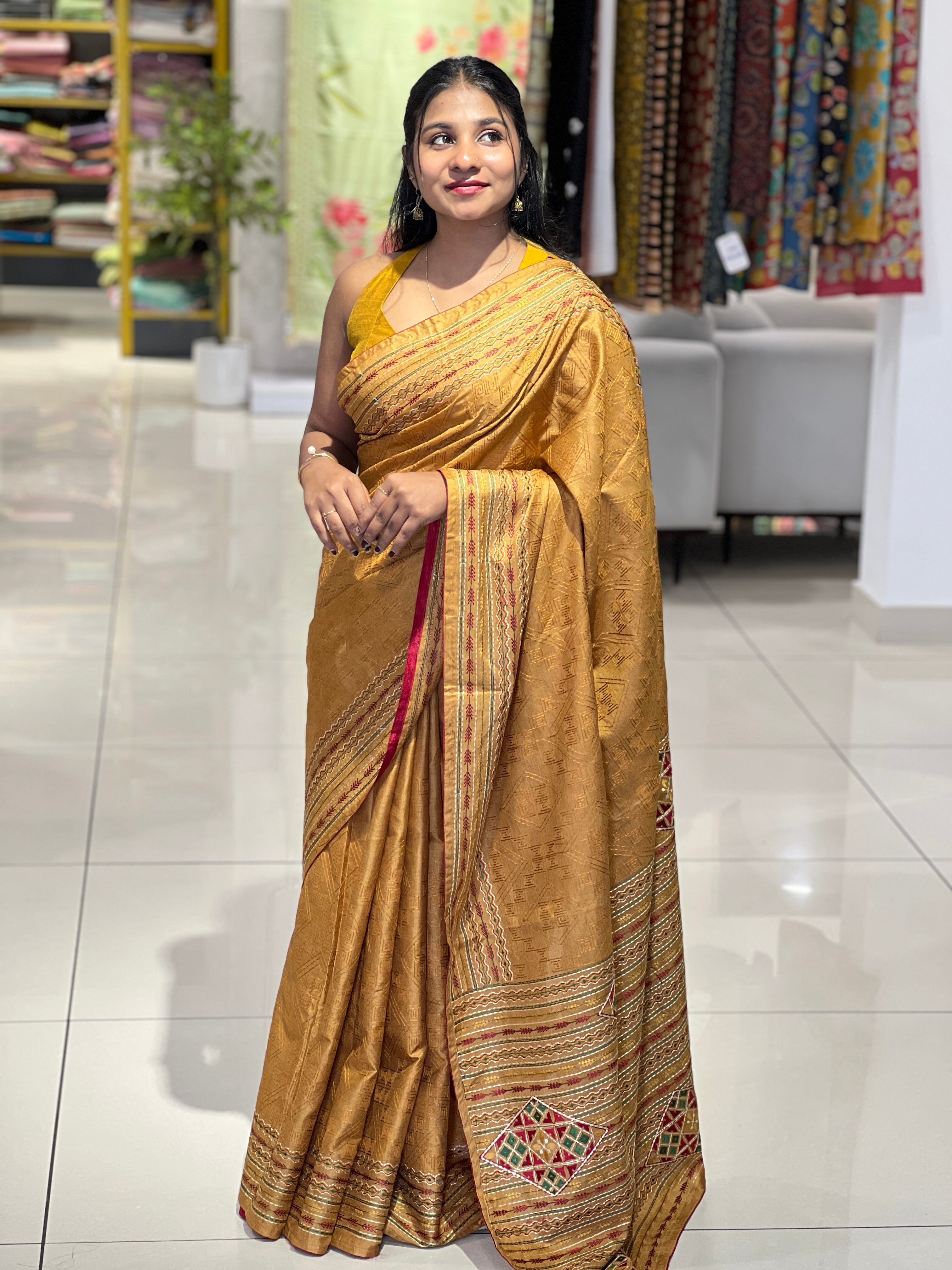 Machine Embroidery Geometric Patterned Semi Tussar Saree | SUN483