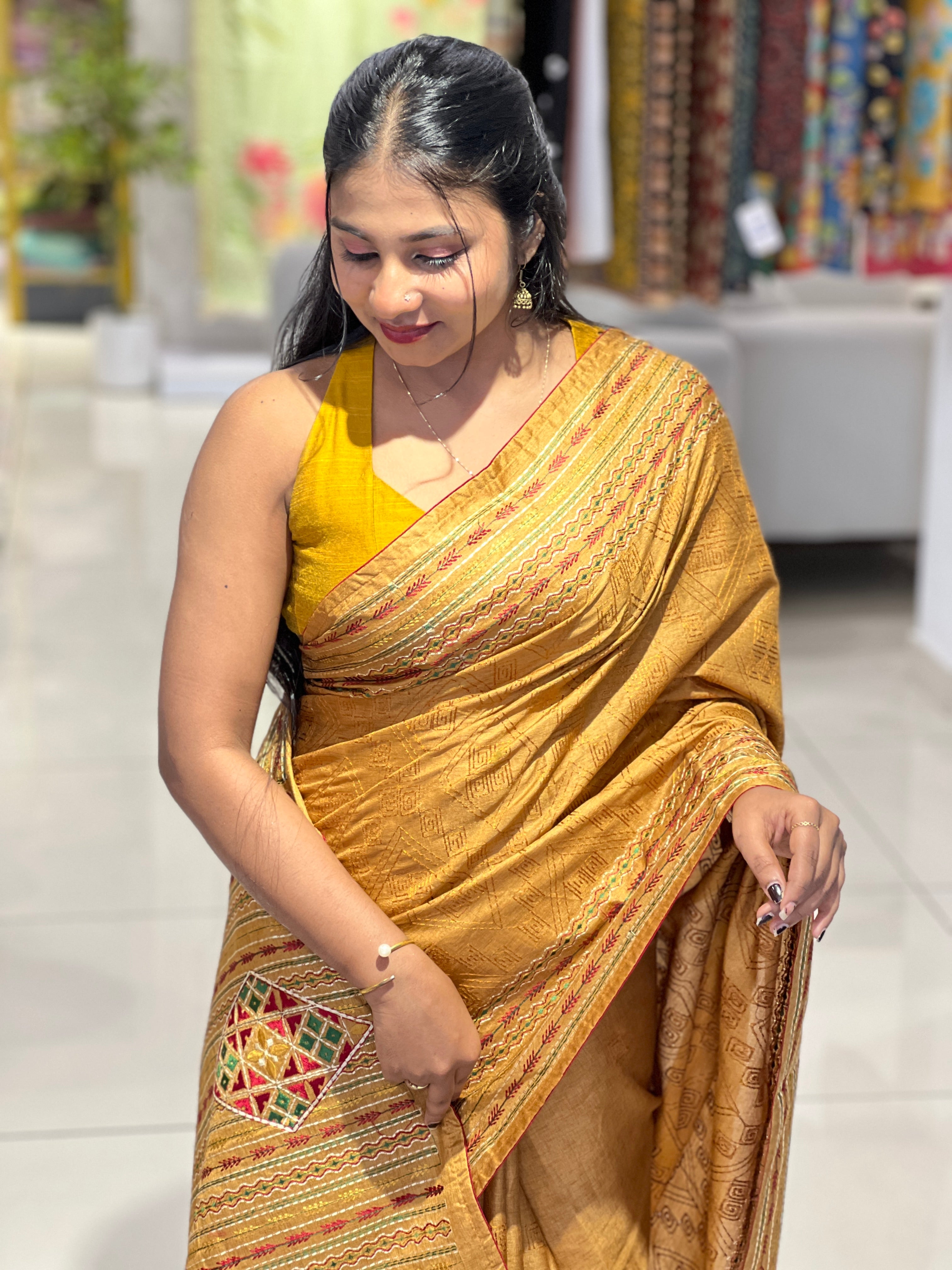 Machine Embroidery Geometric Patterned Semi Tussar Saree | SUN483