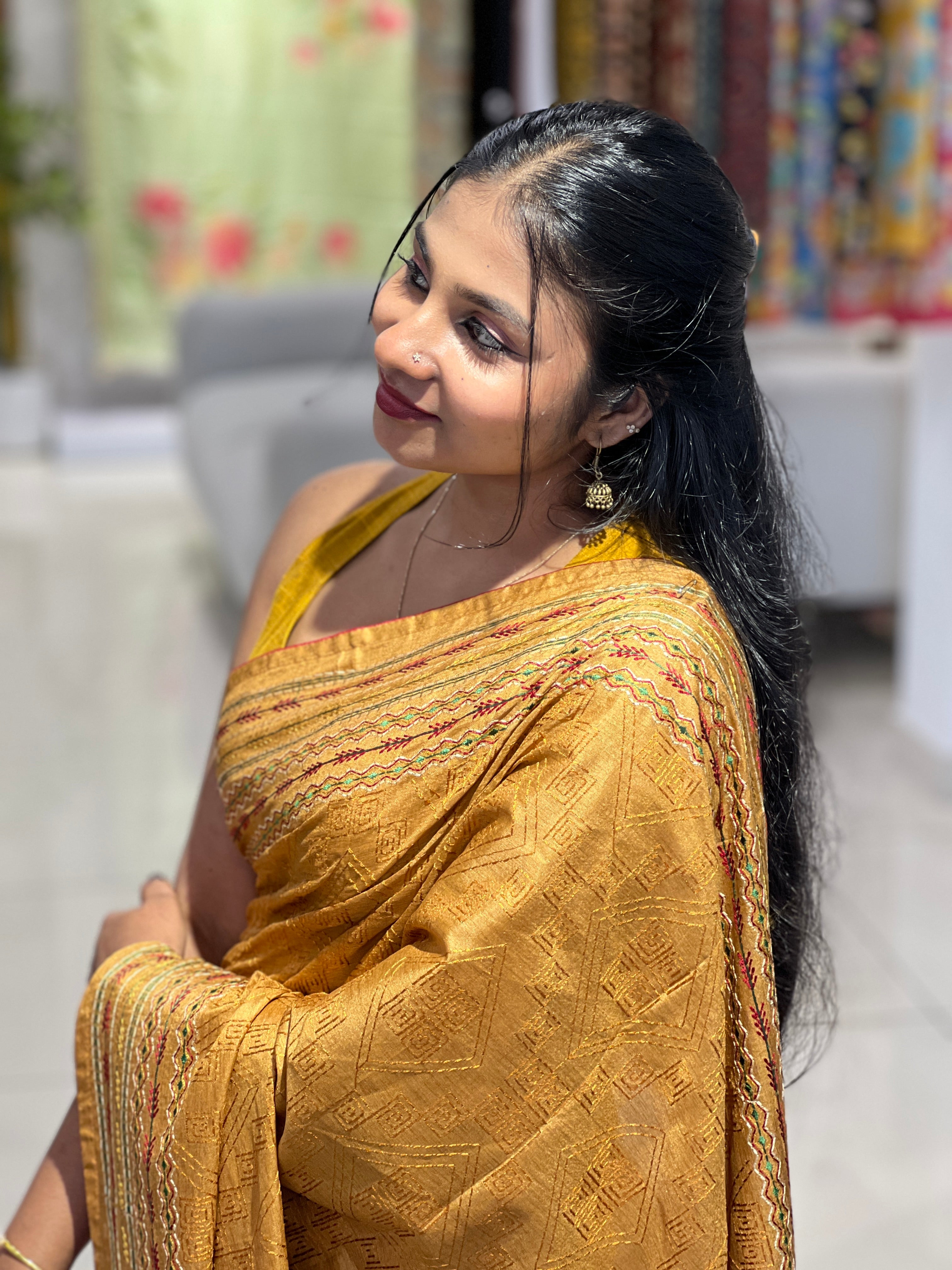 Machine Embroidery Geometric Patterned Semi Tussar Saree | SUN483