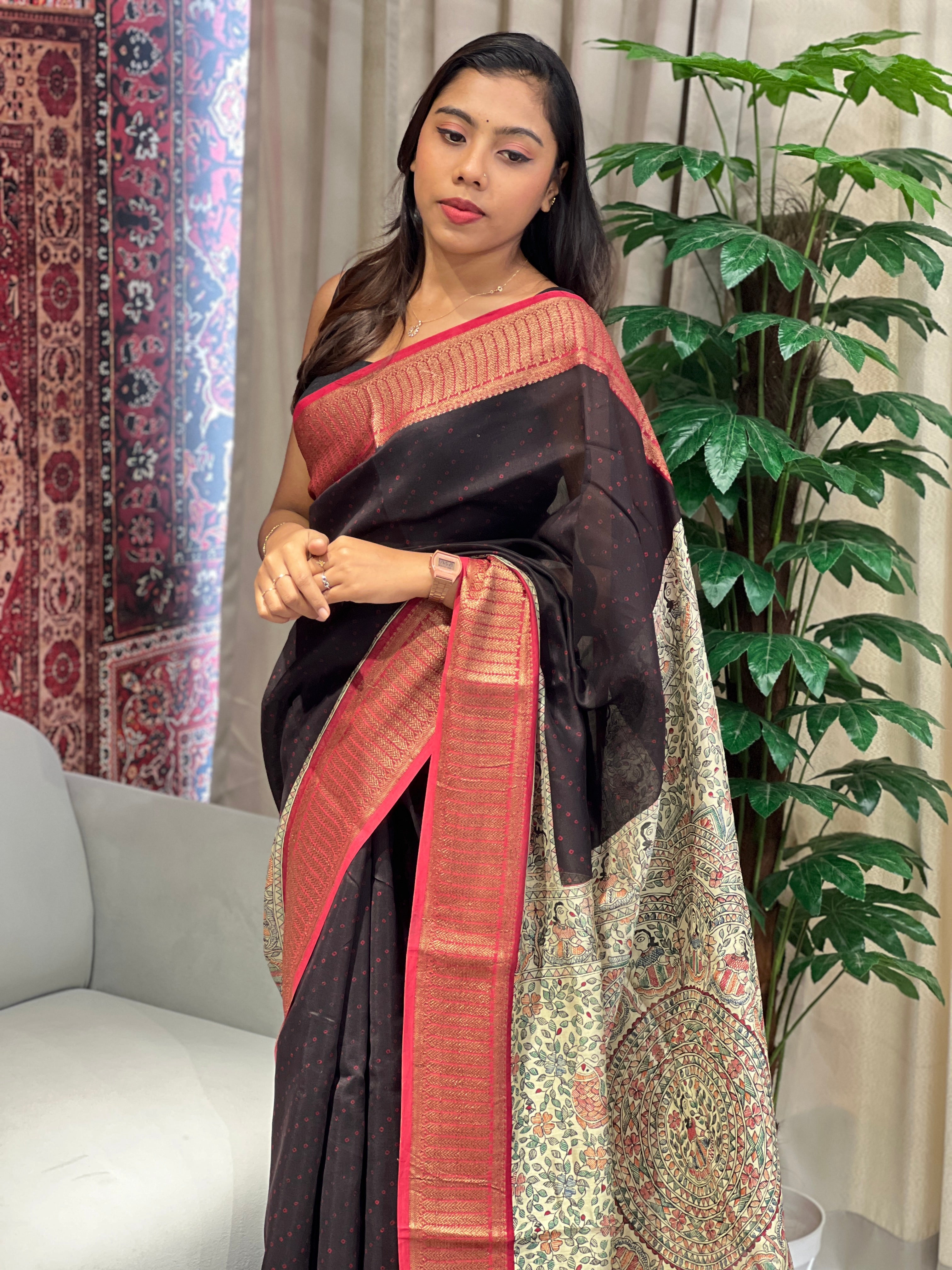 Bandhani Tie And Dye Patterned Chanderi Saree | RGD929R