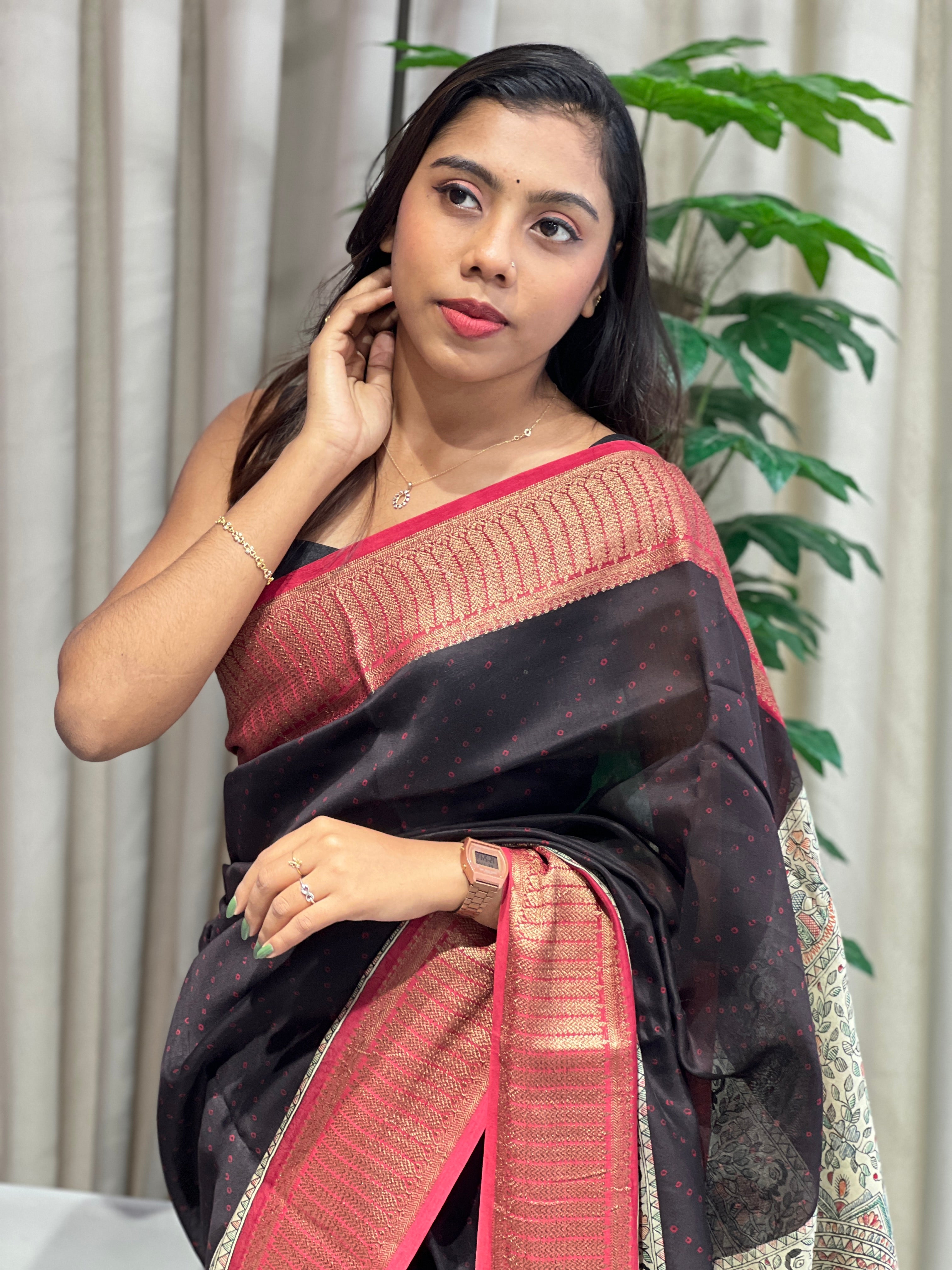 Bandhani Tie And Dye Patterned Chanderi Saree | RGD929R