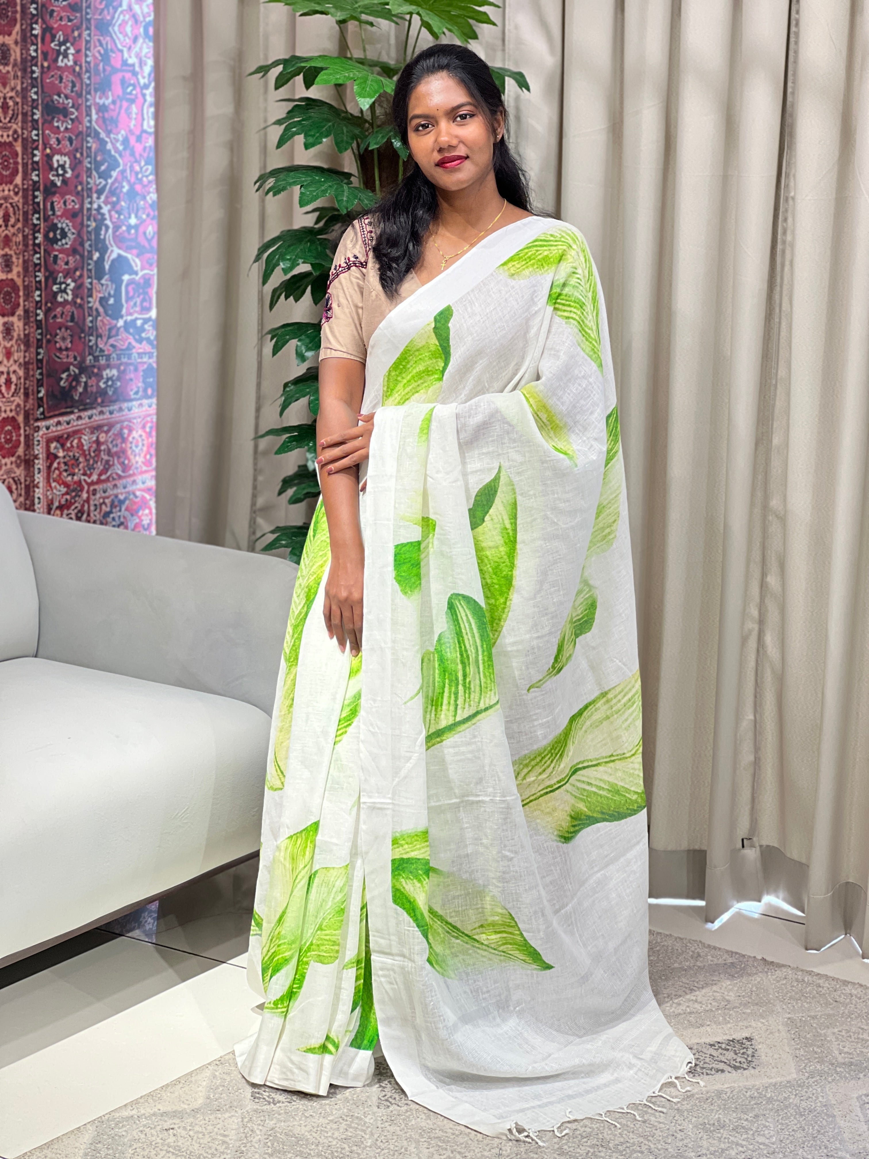 Leaf Digital Printed Pure Linen Saree | MR445