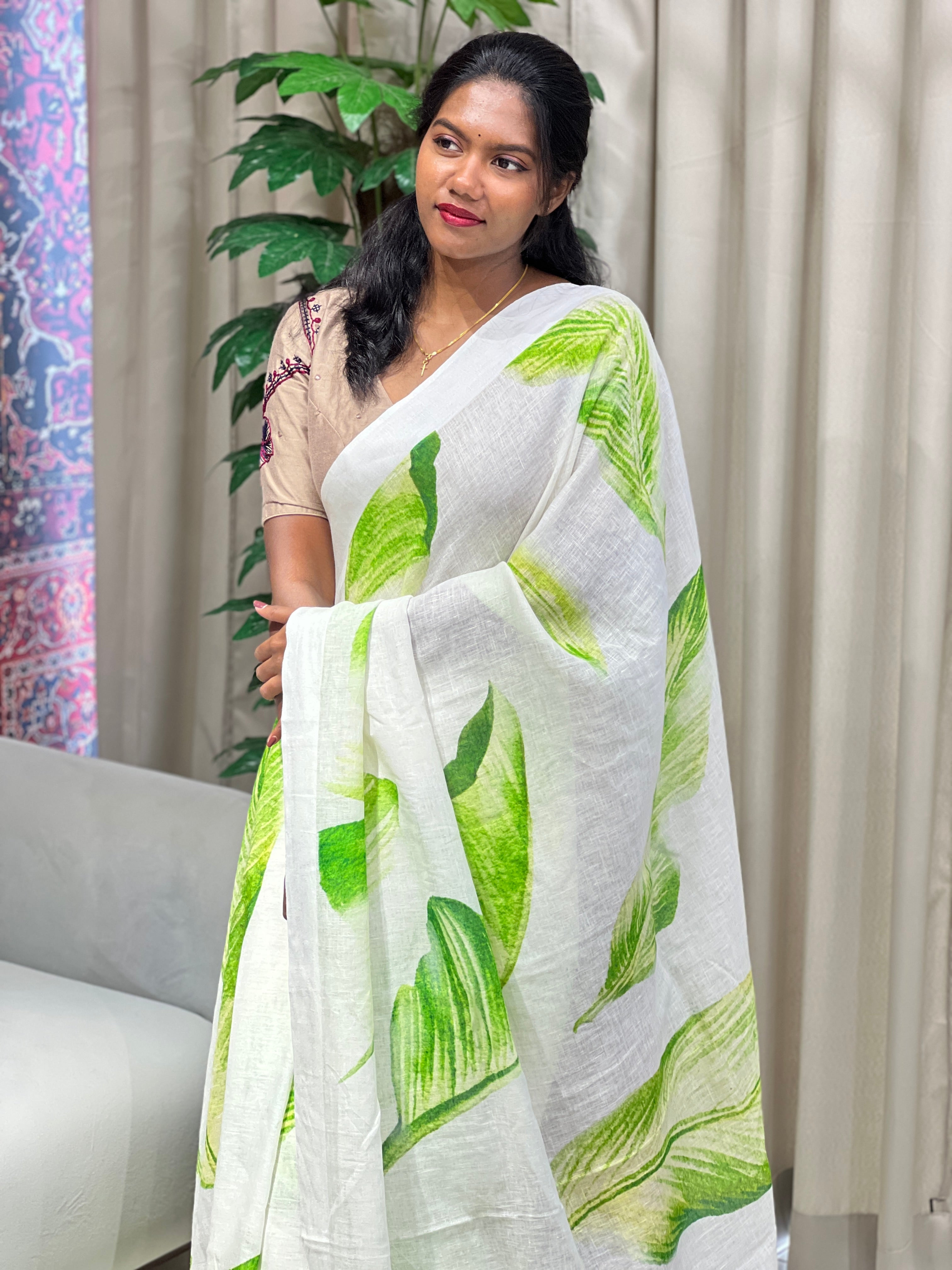 Leaf Digital Printed Pure Linen Saree | MR445