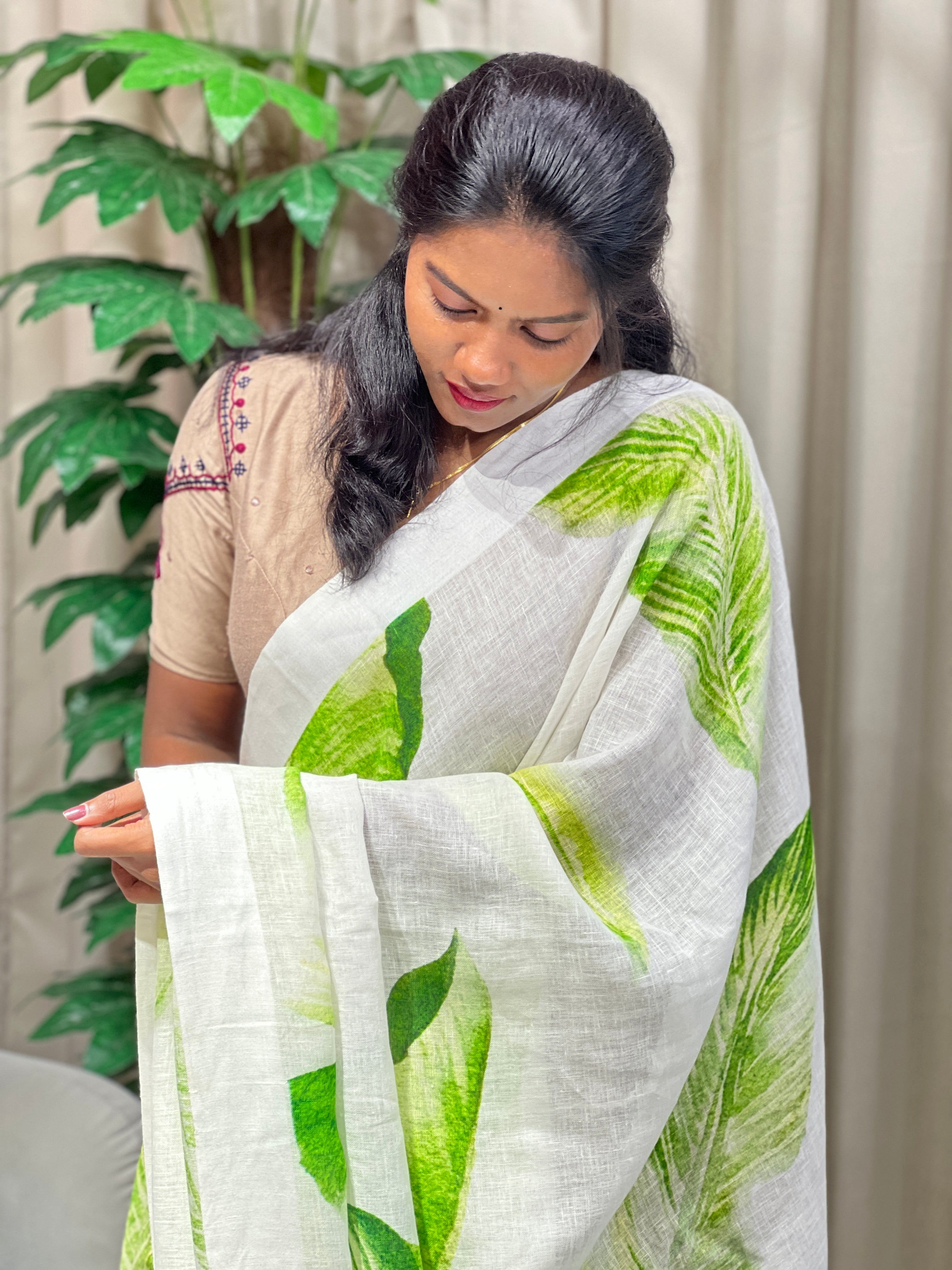 Leaf Digital Printed Pure Linen Saree | MR445