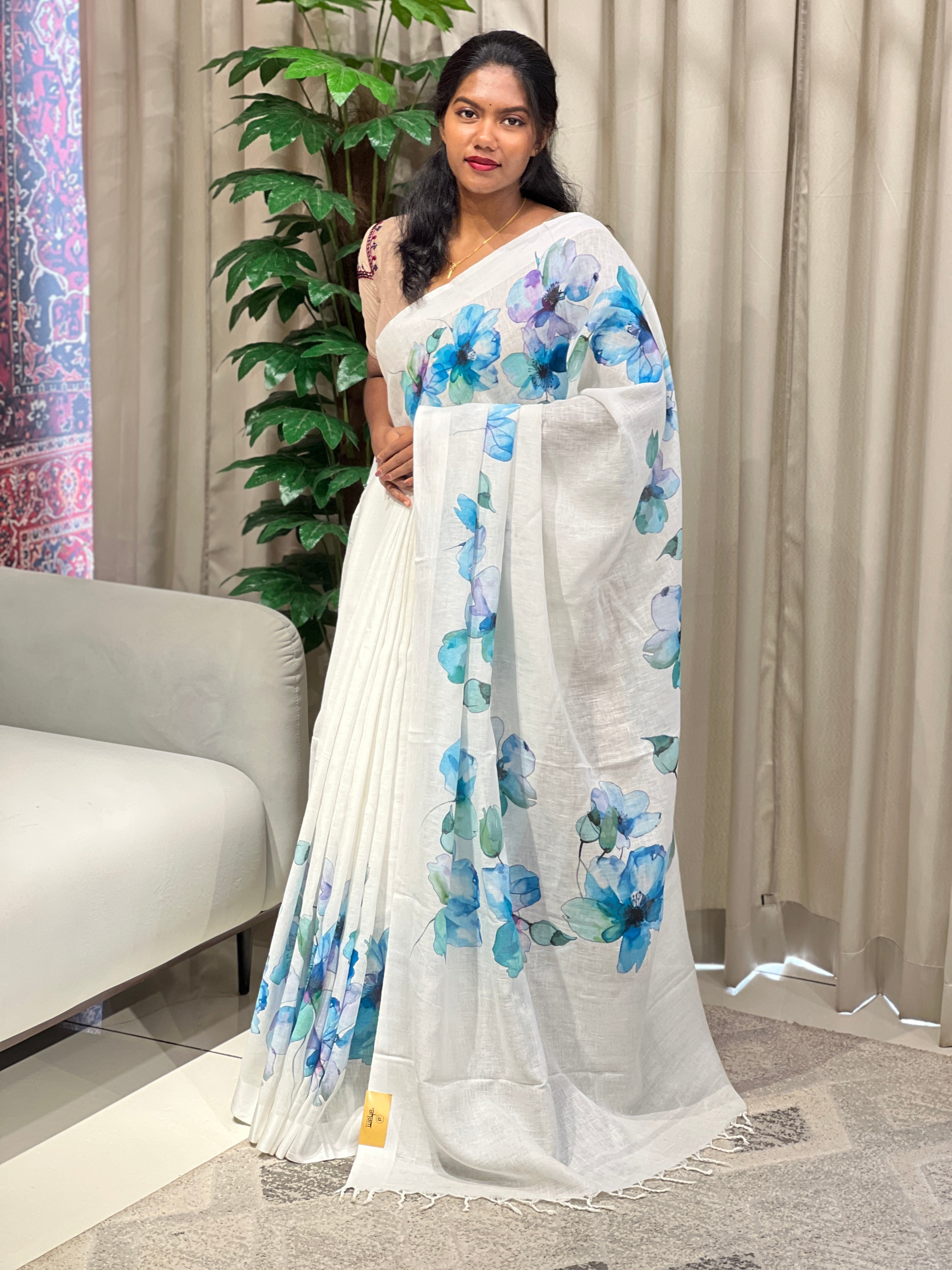 Floral Digital Printed Pure Linen Saree | MR429