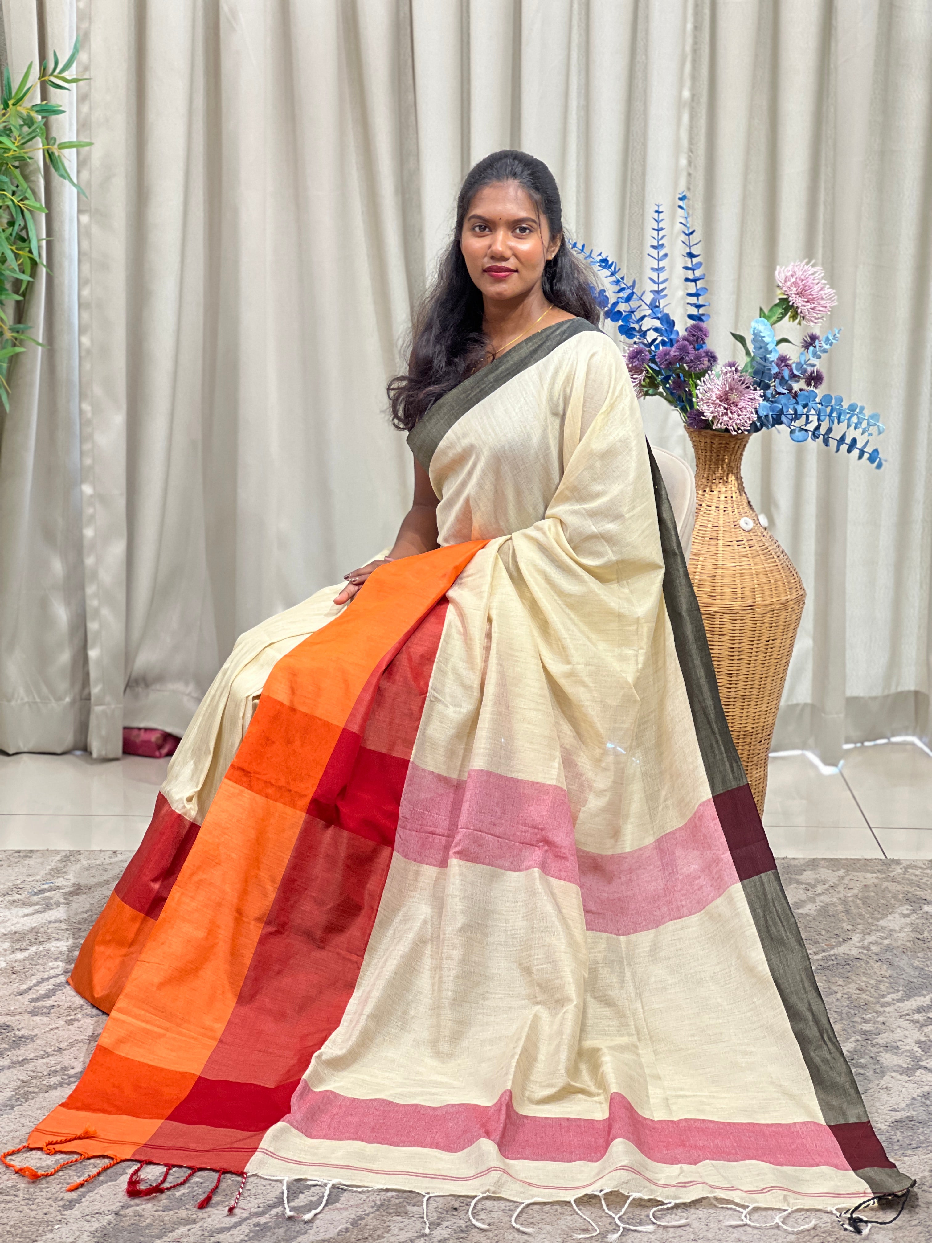 Multi Colour Border Bengal Cotton Saree | RP875