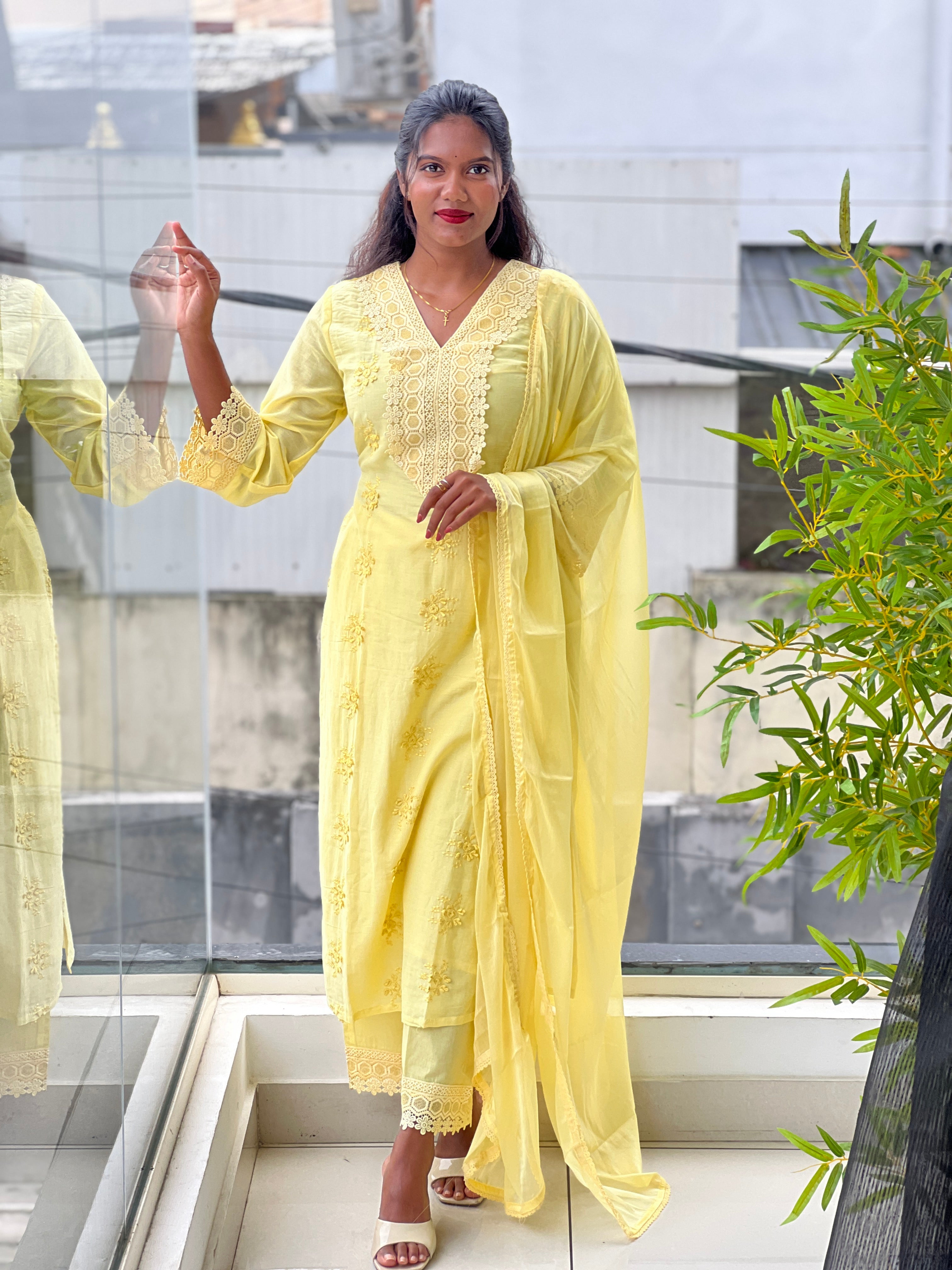 Floral Machine Embroidery Chanderi Kurta Set | FW406