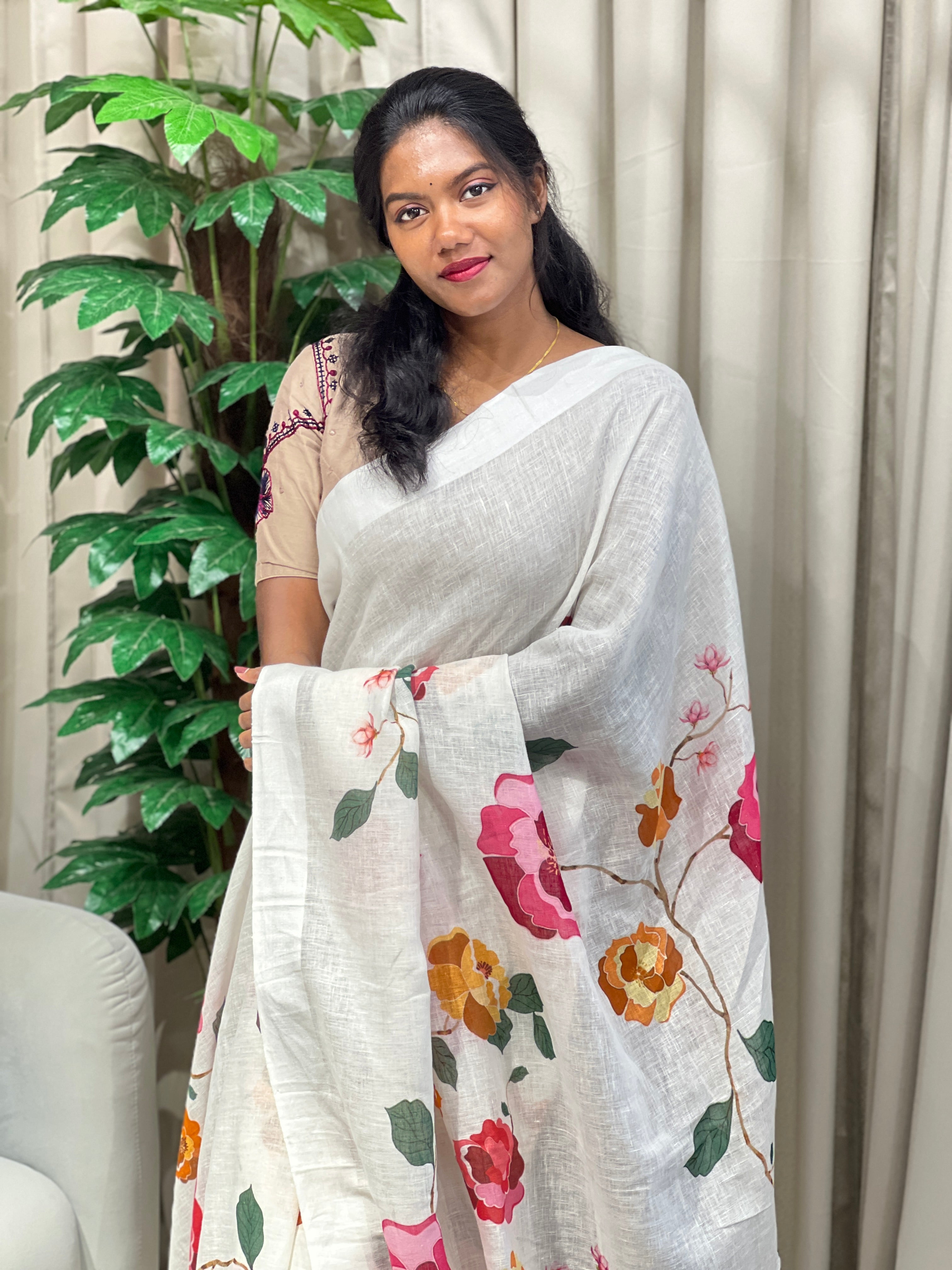 Floral Digital Printed Pure Linen Saree | MR444
