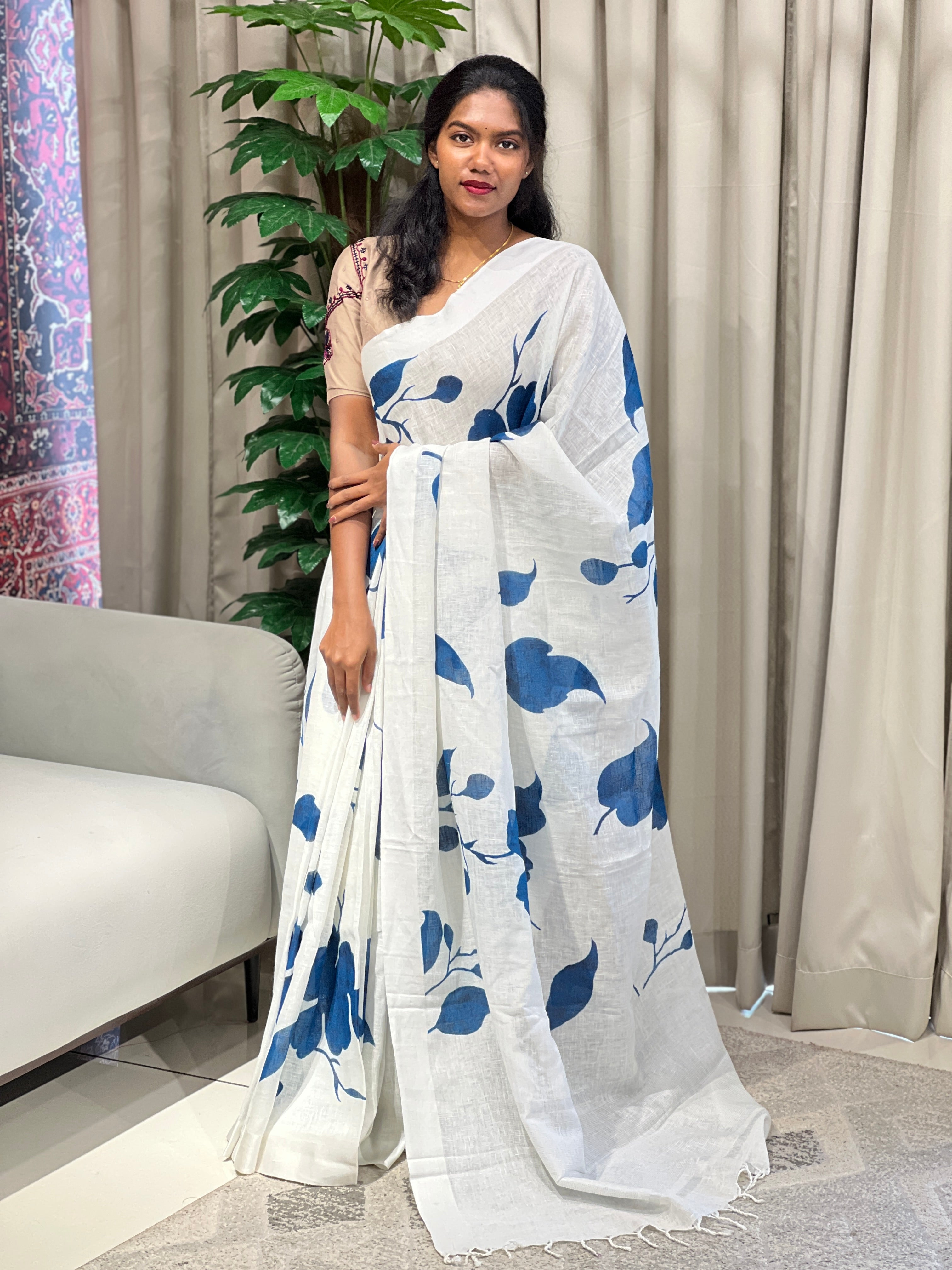 Leaf Digital Printed Pure Linen Saree | MR428