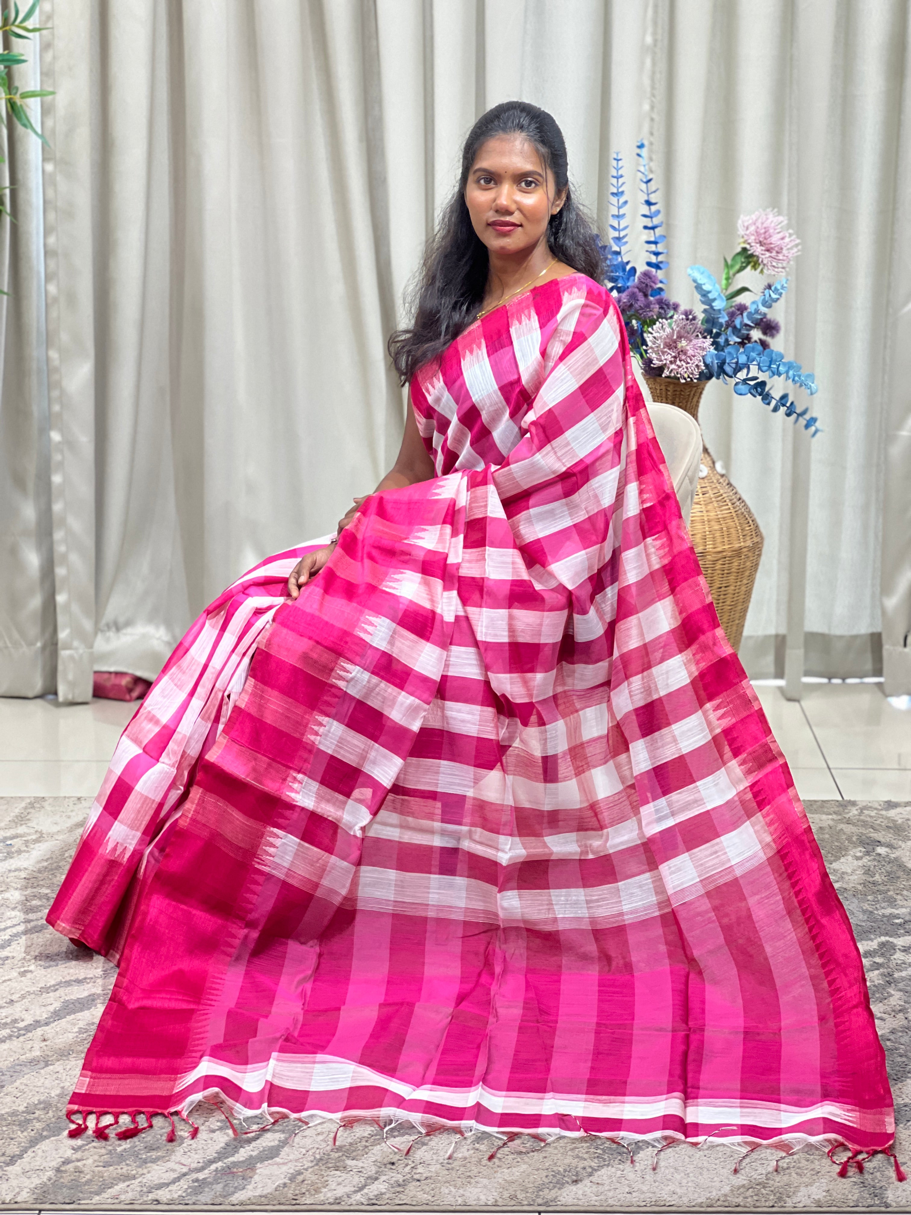 Madras Check Pattern Linen Cotton Saree | RP864