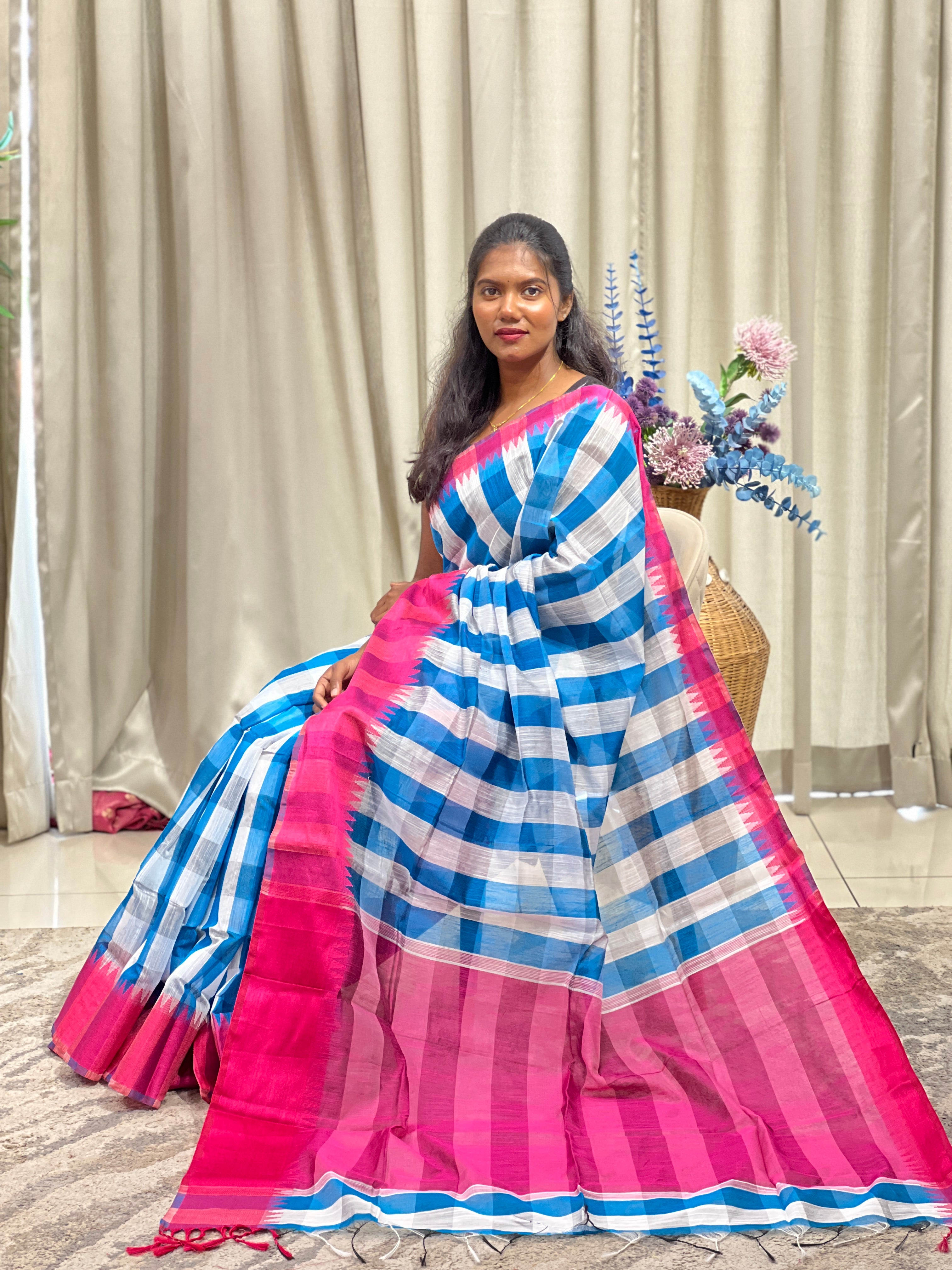 Madras Check Pattern Linen Cotton Saree | RP862