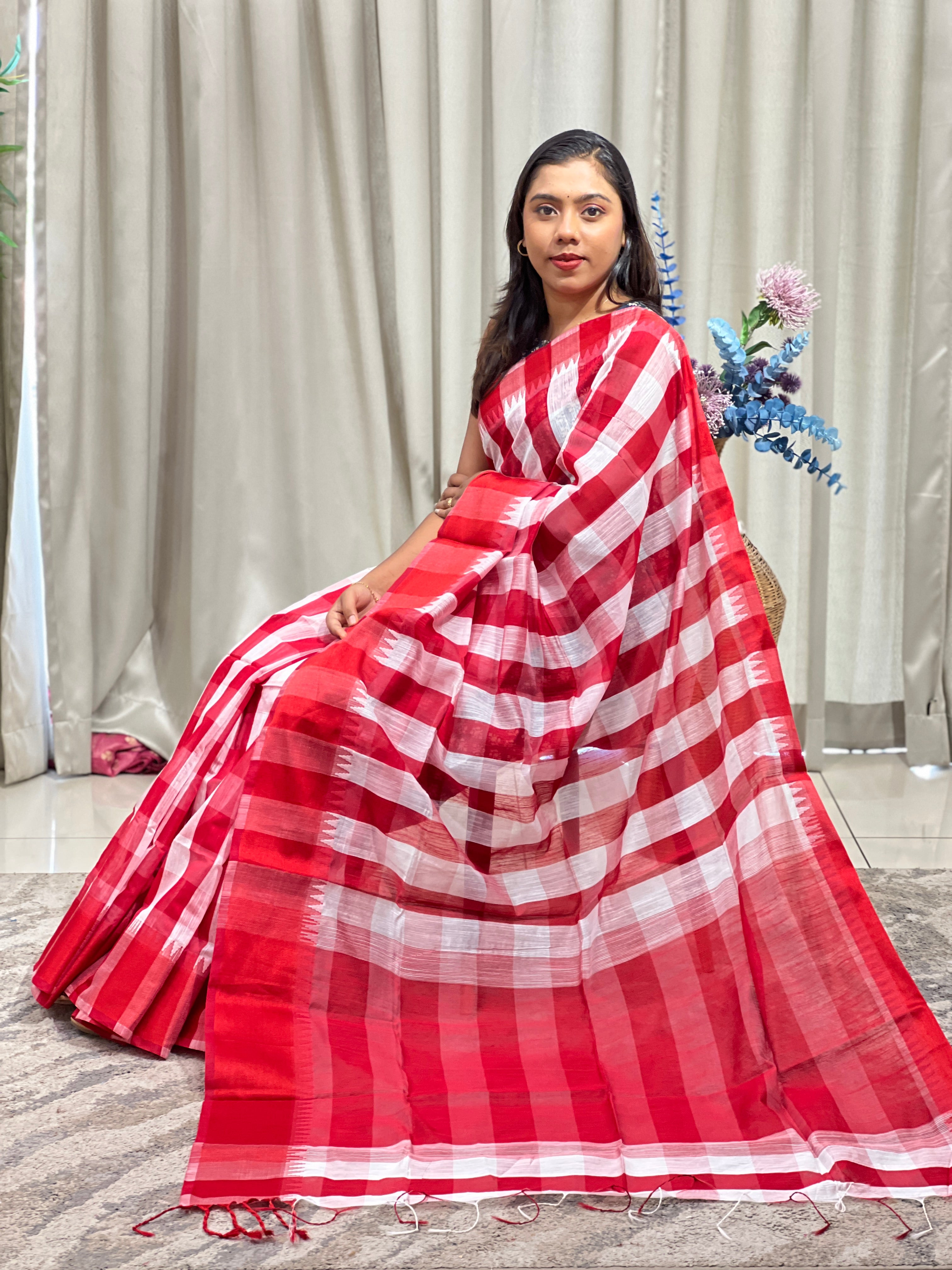 Madras Check Pattern Linen Cotton Saree | RP863