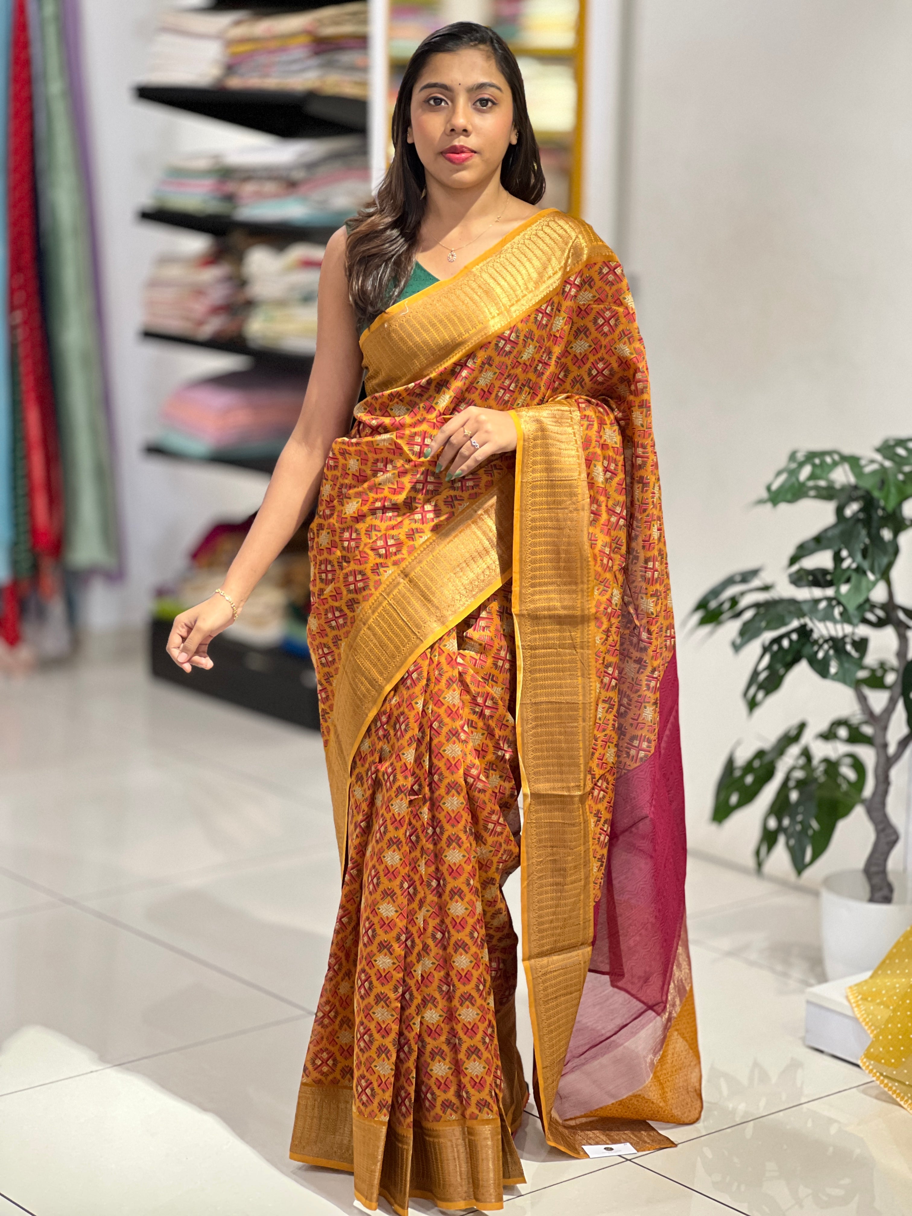 Geometric Print With Banarasi Detailed Chanderi Saree | RGD918R