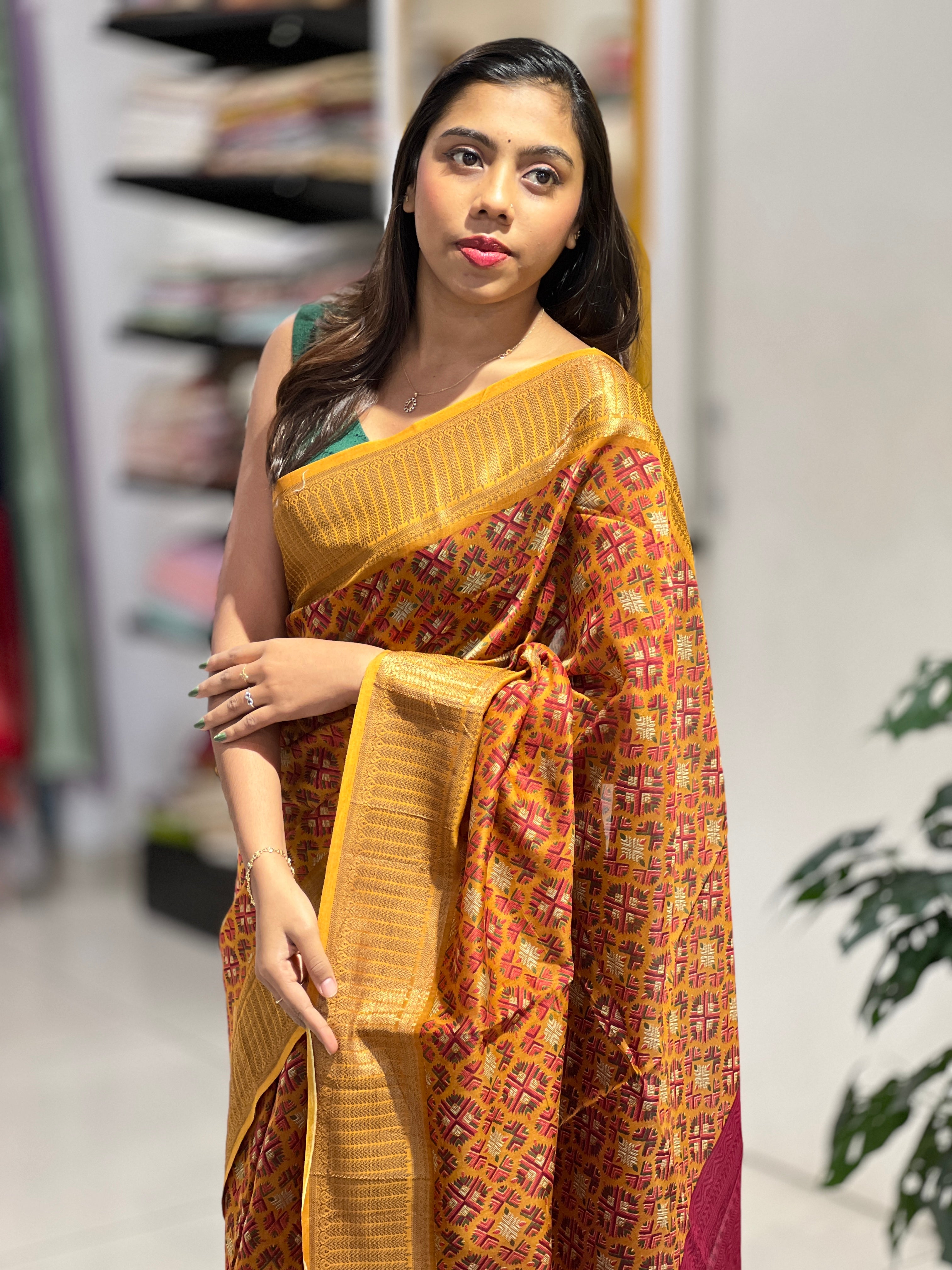 Geometric Print With Banarasi Detailed Chanderi Saree | RGD918R