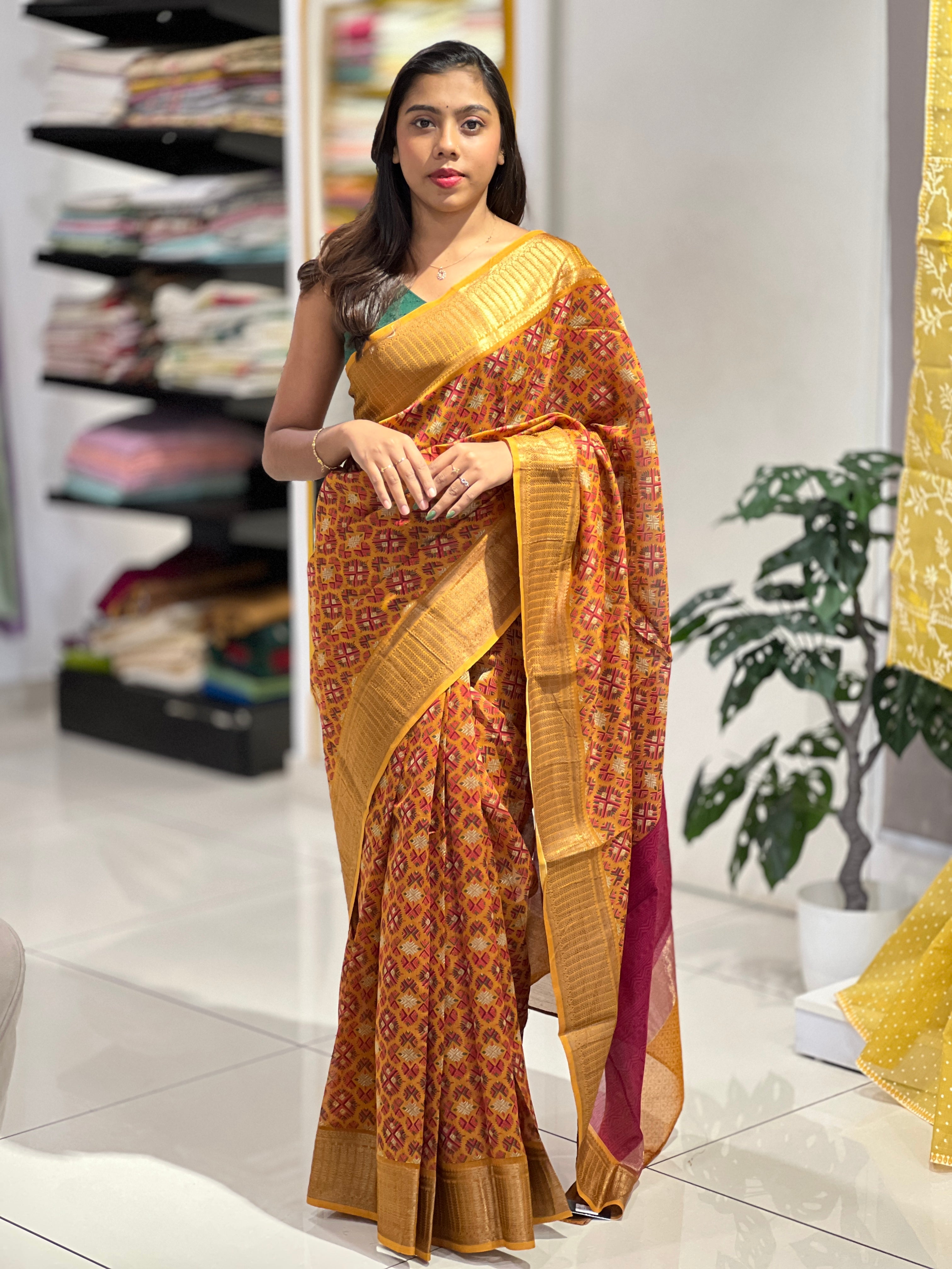 Geometric Print With Banarasi Detailed Chanderi Saree | RGD918R