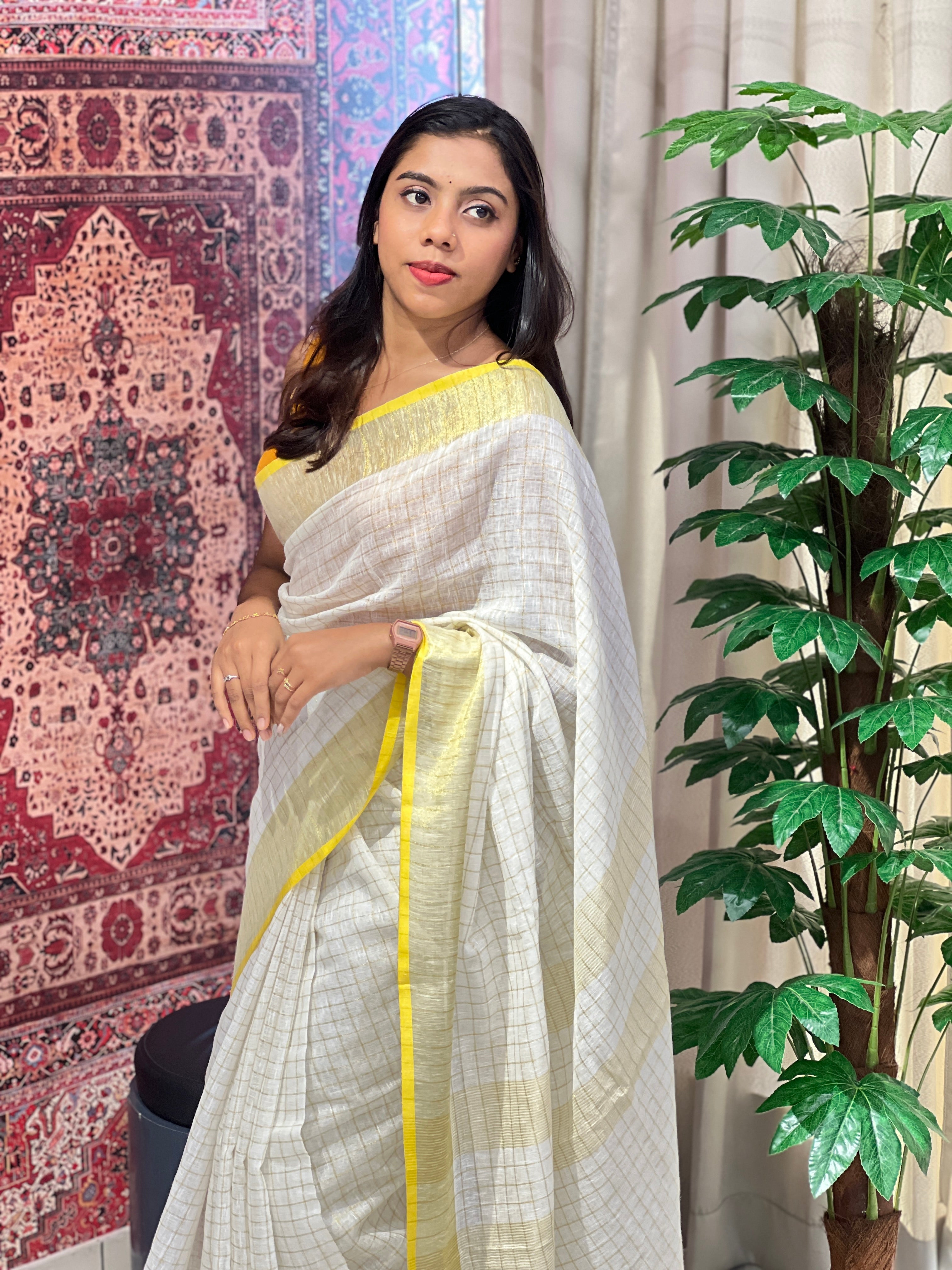 Check Patterned Linen Saree | NHH547