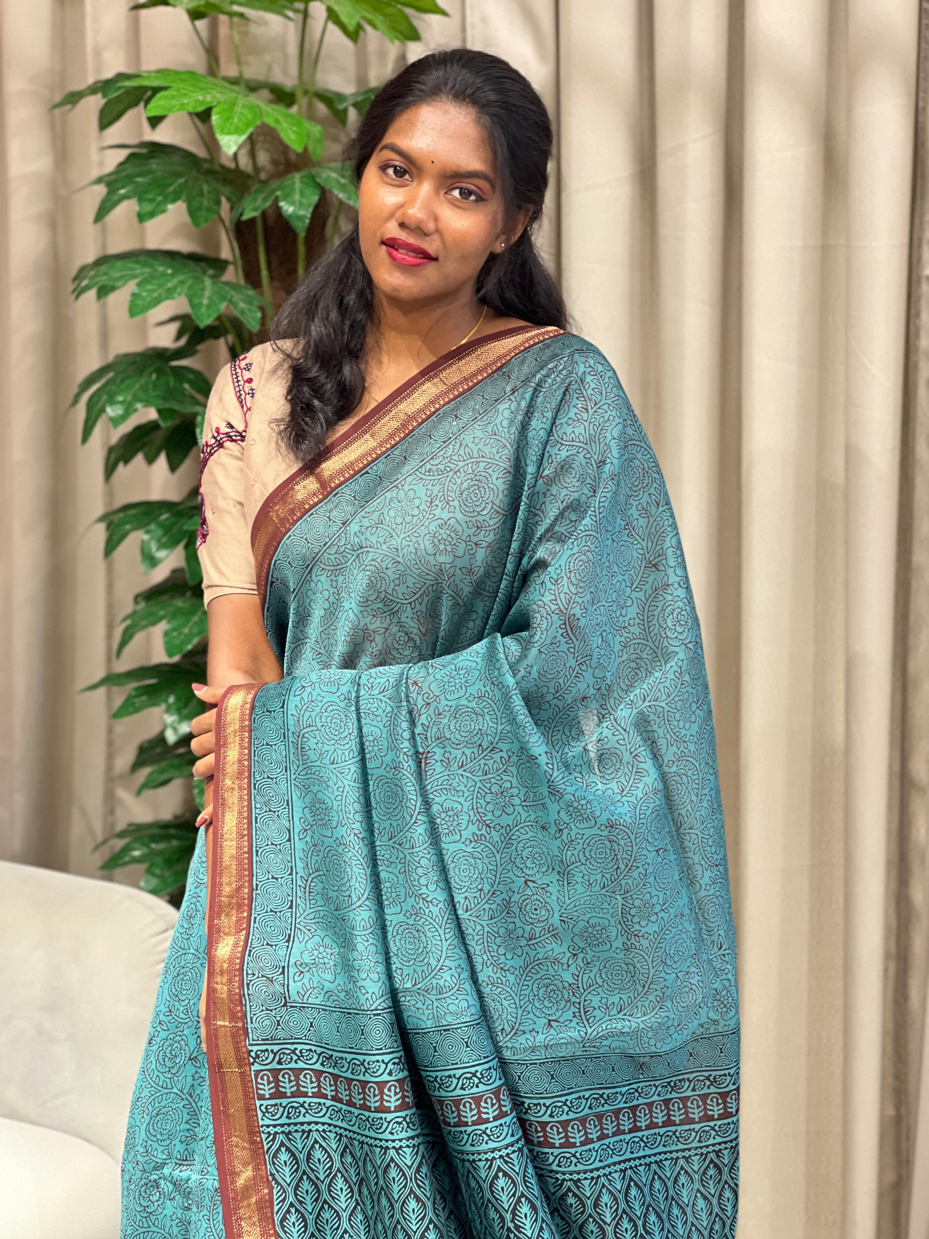 Hand Block Printed Chanderi Silk Saree | SVF195