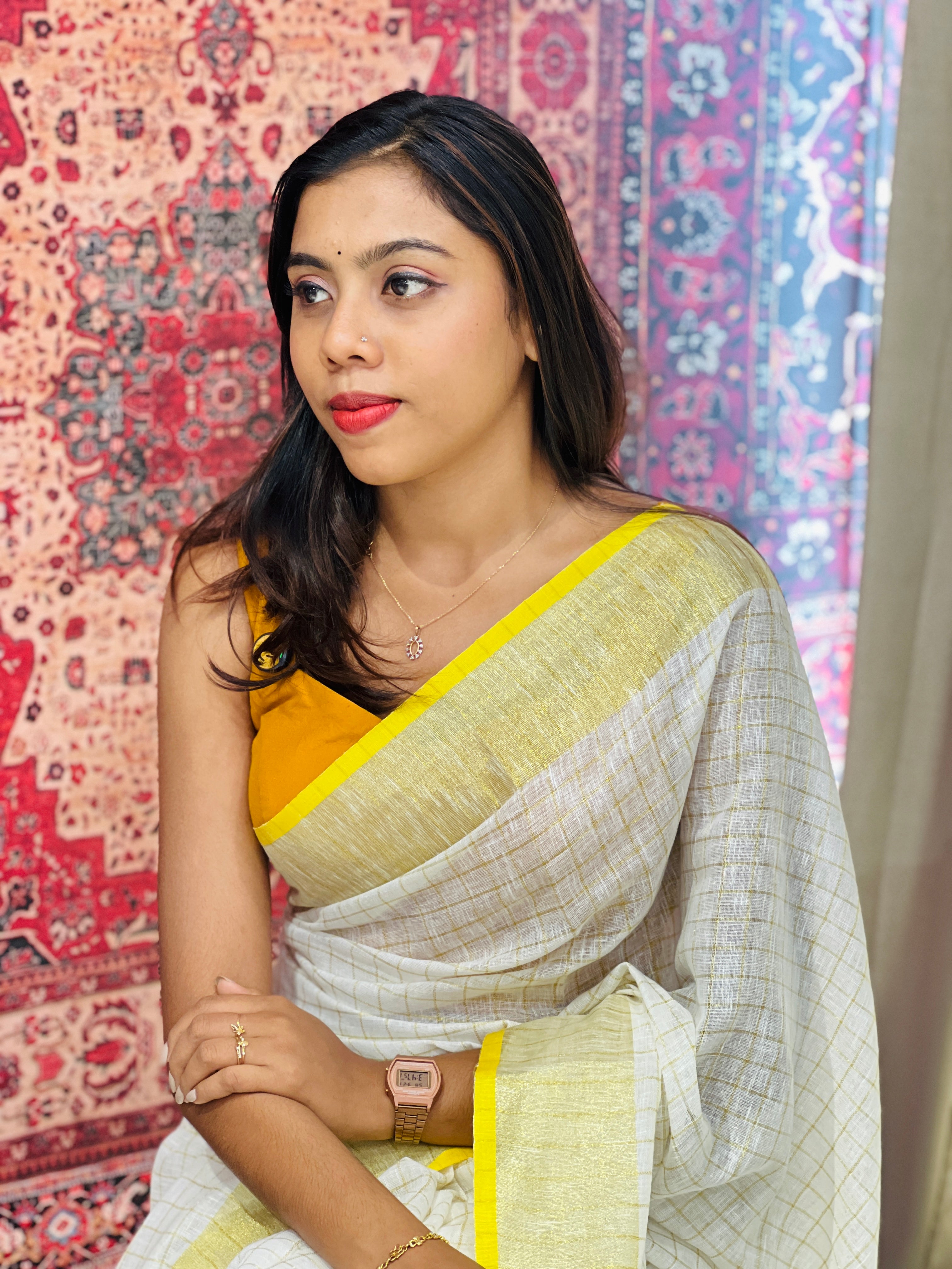 Check Patterned Linen Saree | NHH547