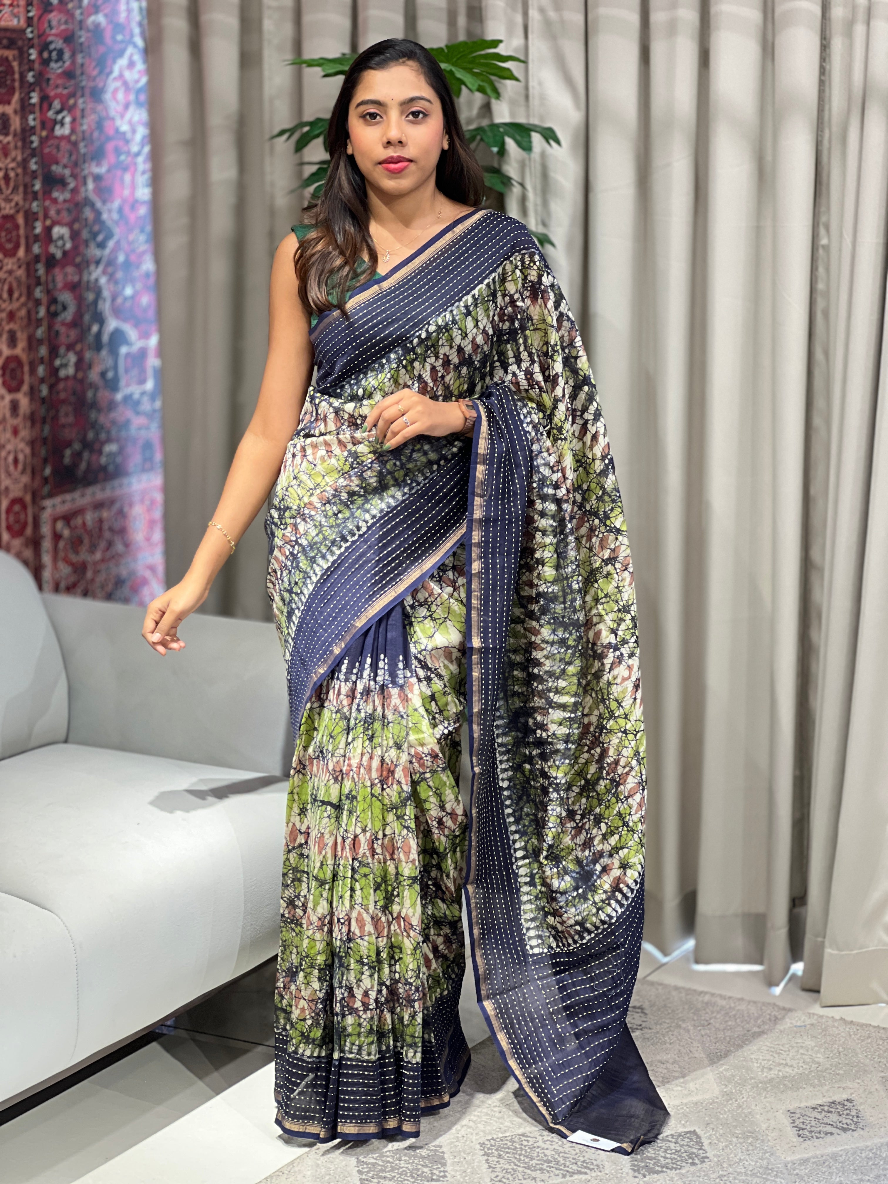 Batik Print With Kantha Embroidered Chanderi Saree | RGD916R