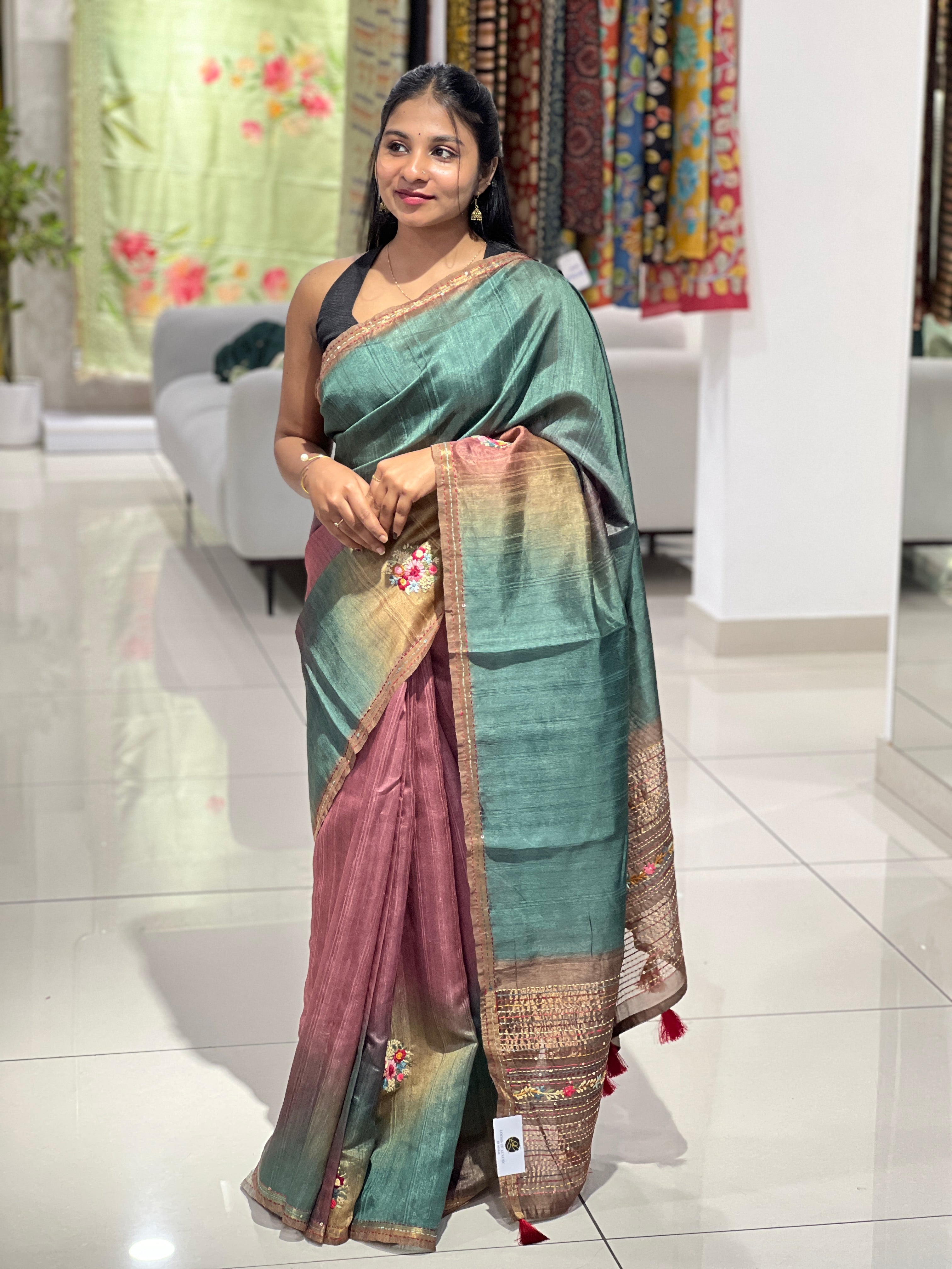 Hand Embroidery With Sequence Detailed Semi Tussar Saree | BLD682