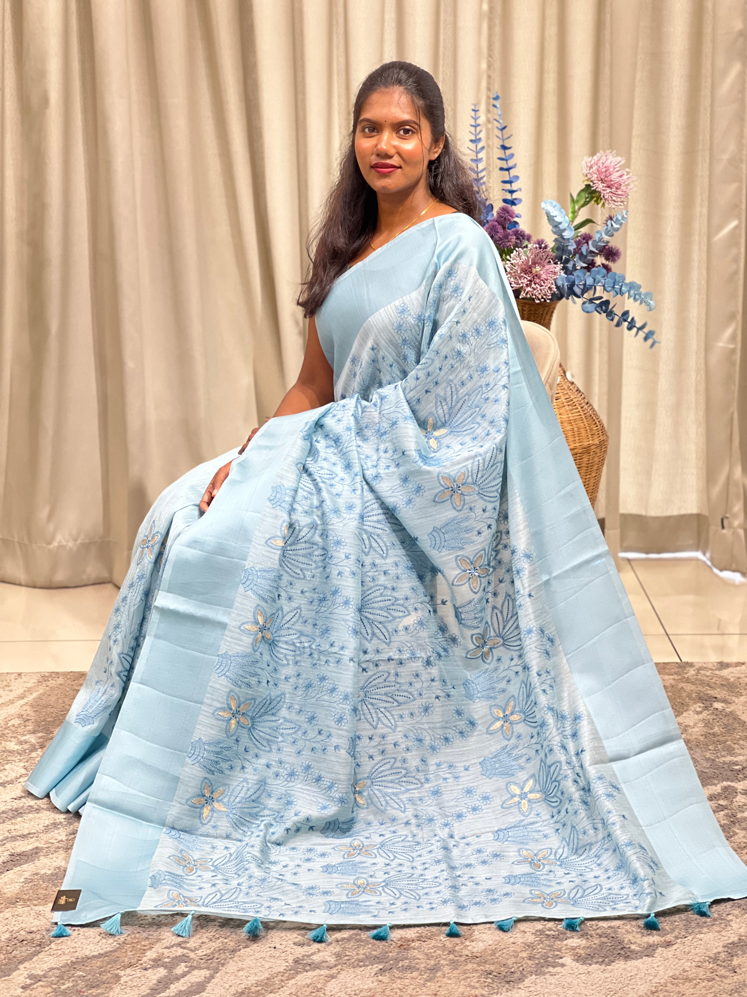 Floral Embroidered Green Silk Saree | ZSS497